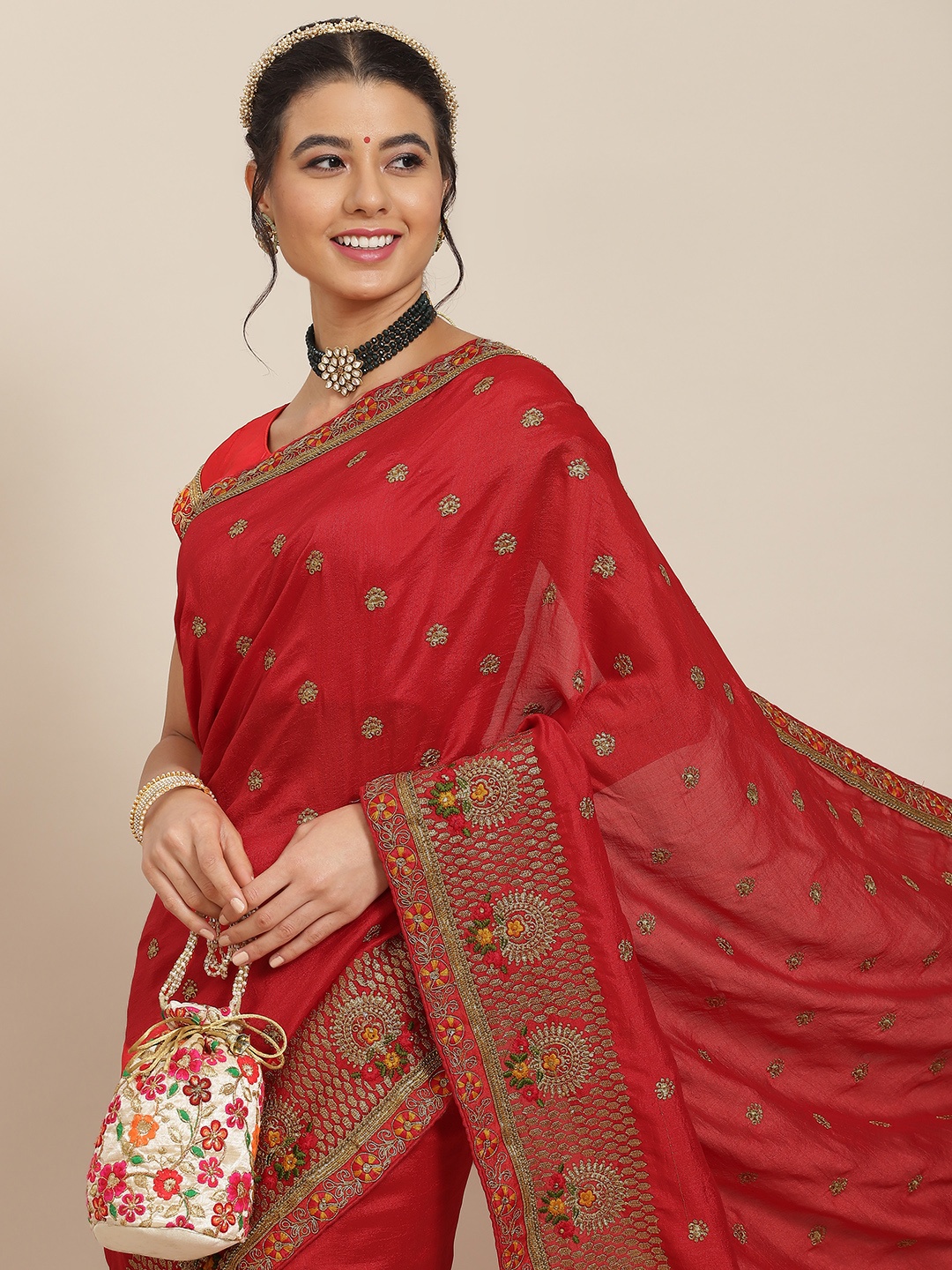 

SAARYA Red & Green Ethnic Motifs Embroidered Saree