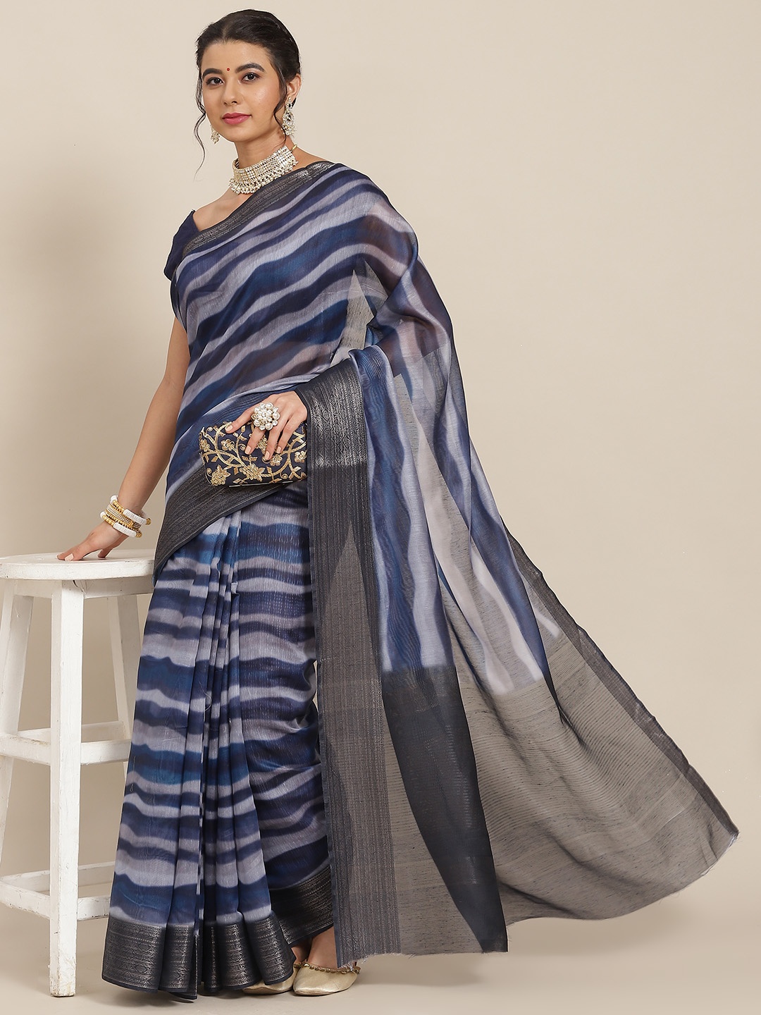 

SAARYA Navy Blue & Blue Zari Organza Saree