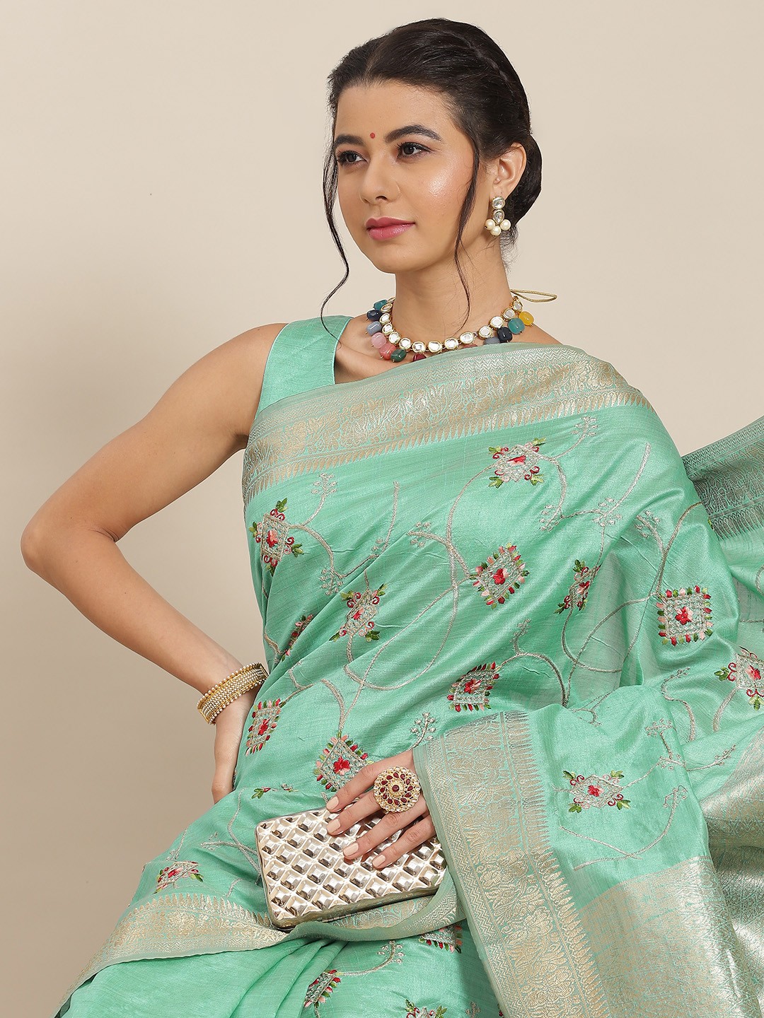 

SAARYA Turquoise Blue & Gold-Toned Ethnic Motifs Embroidered Saree