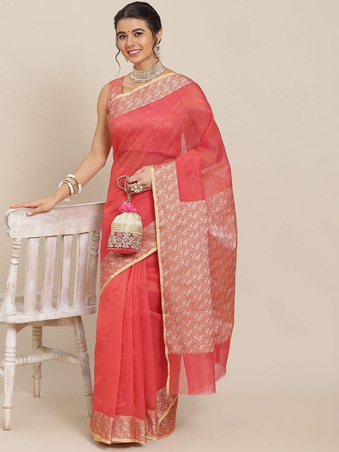 

SAARYA Red Checked Zari Organza Saree