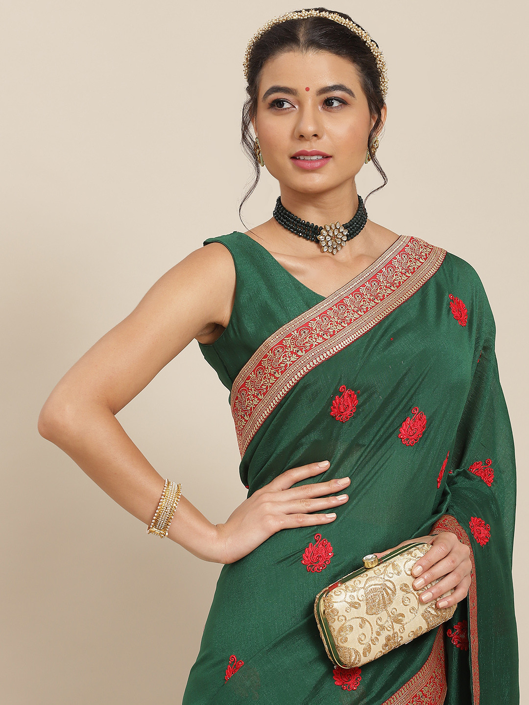 

SAARYA Green & Red Floral Embroidered Silk Blend Saree