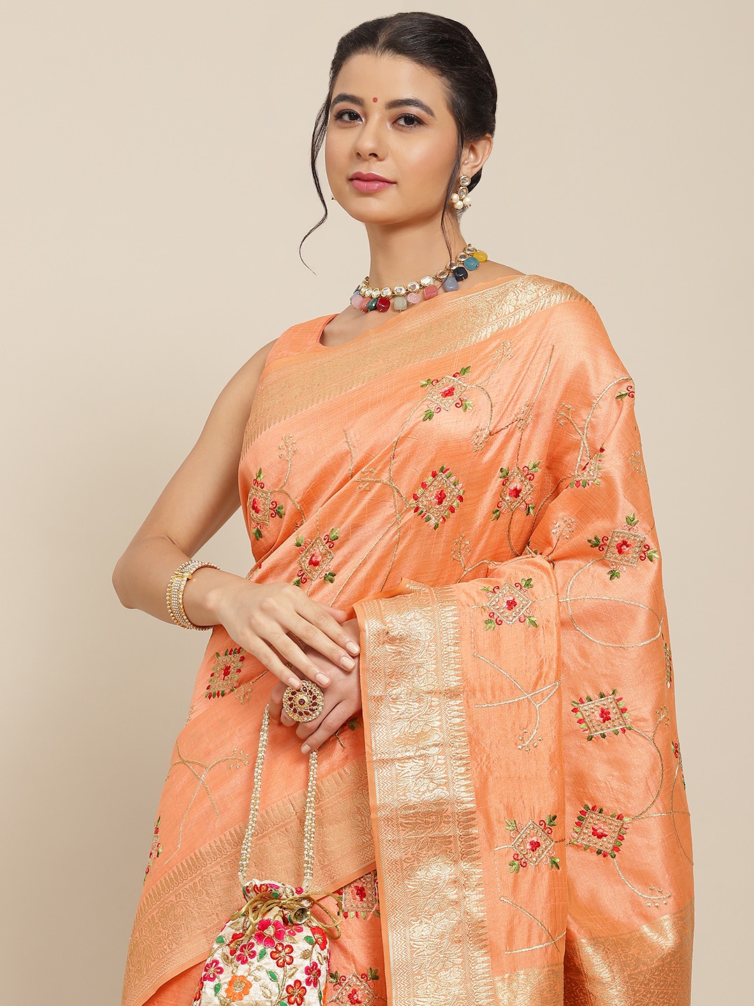 

SAARYA Peach-Coloured & Gold-Toned Ethnic Motifs Zari Saree