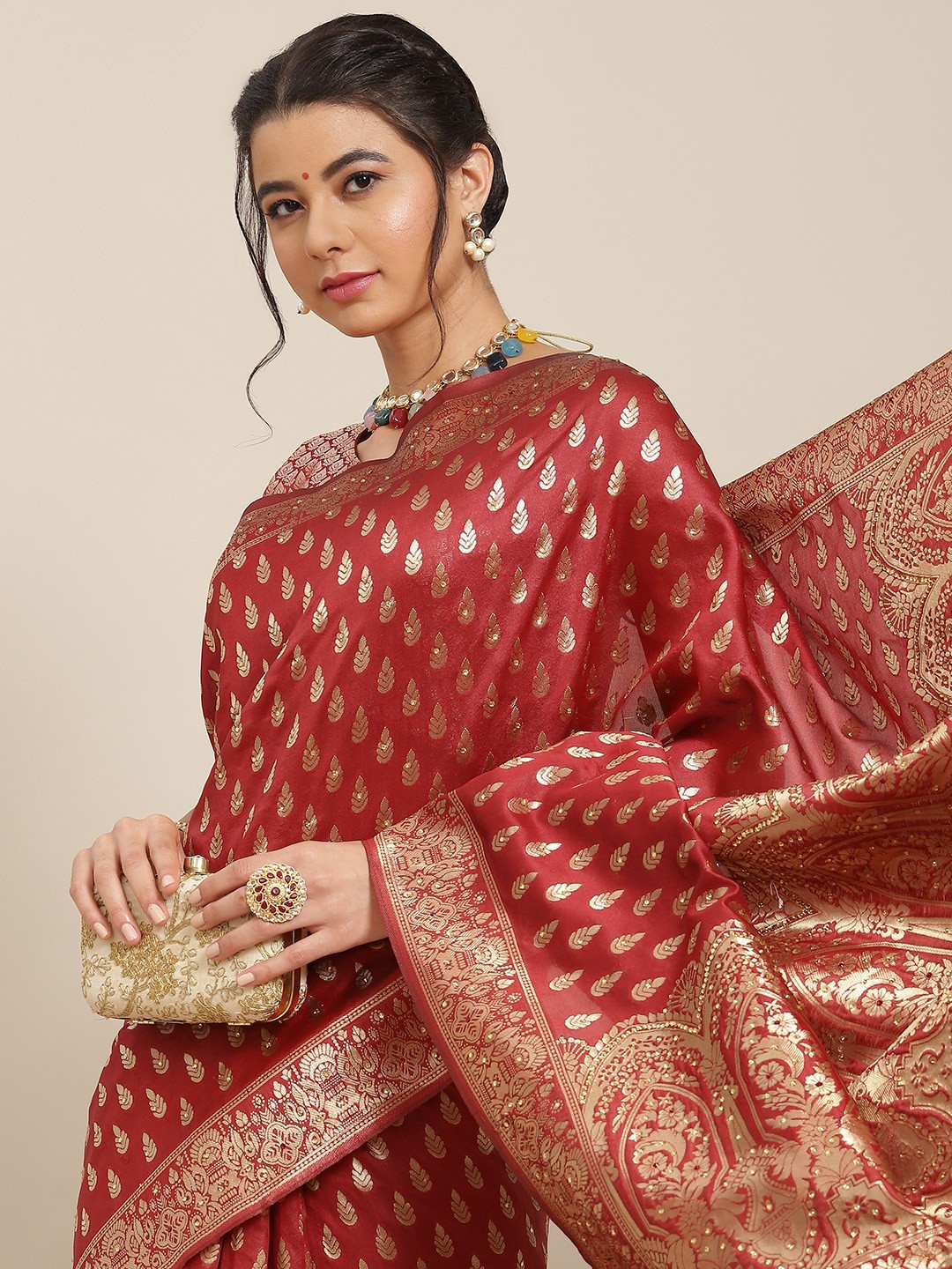 

SAARYA Red & Gold-Toned Ethnic Motifs Zari Saree