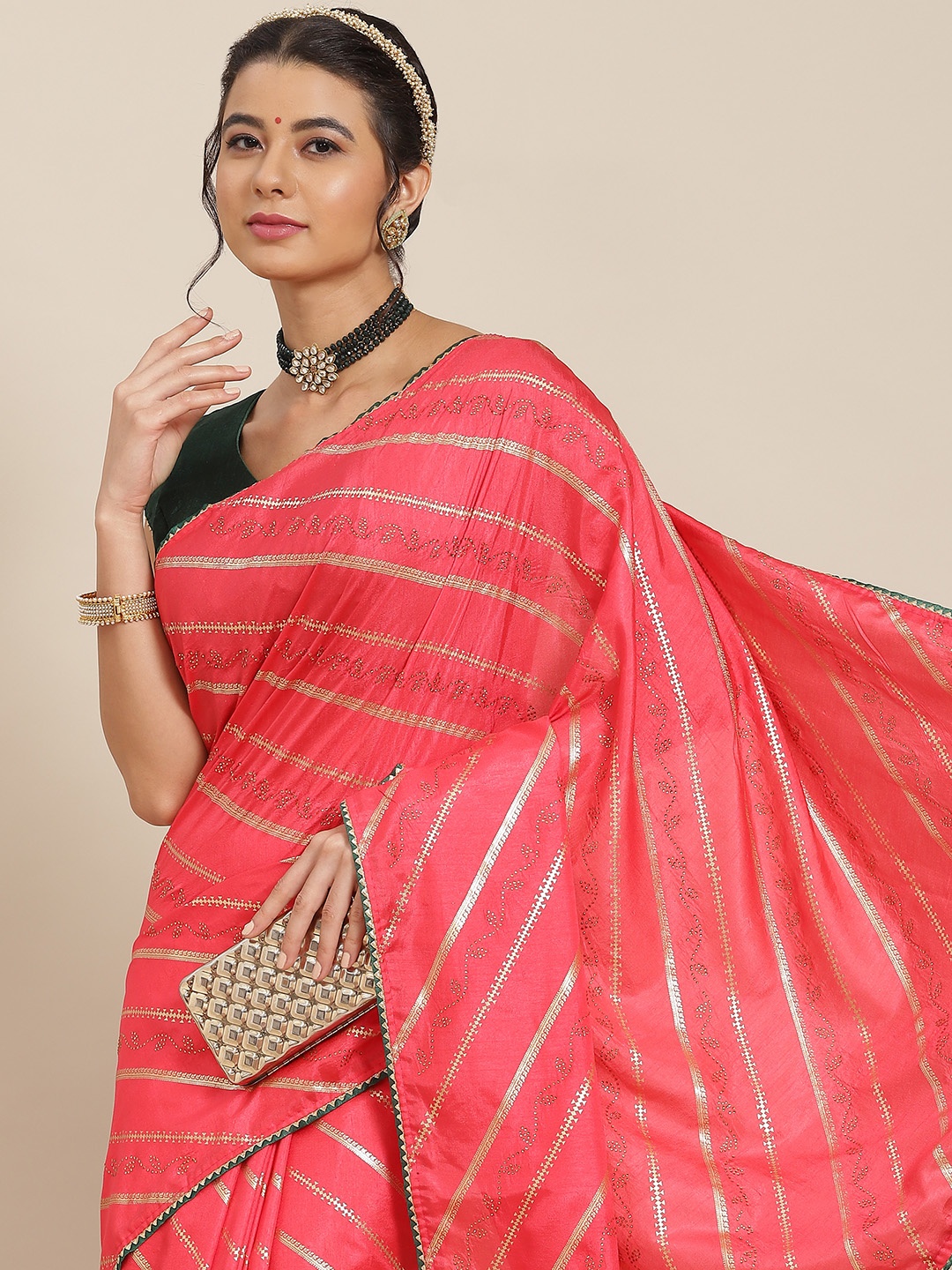 

SAARYA Red & Green Striped Saree