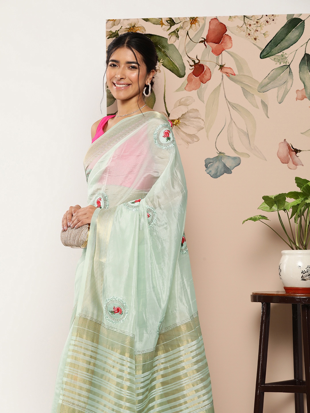 

SAARYA Turquoise Blue & Golden Ethnic Motifs Organza Saree