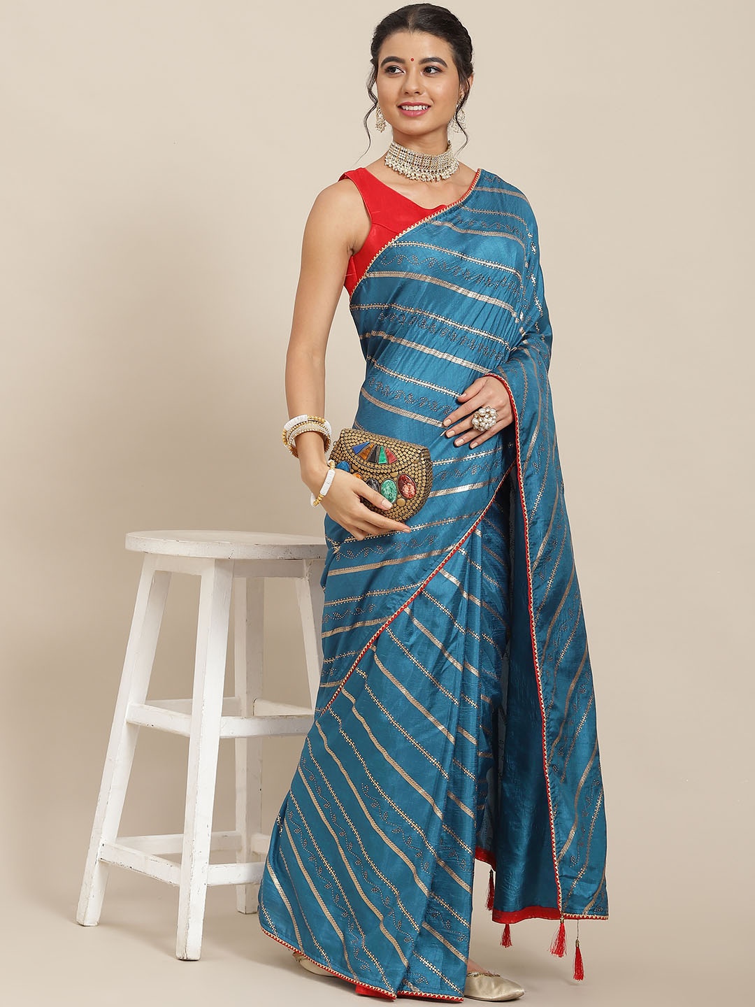 

SAARYA Blue & Red Ethnic Motifs Gotta Patti Saree