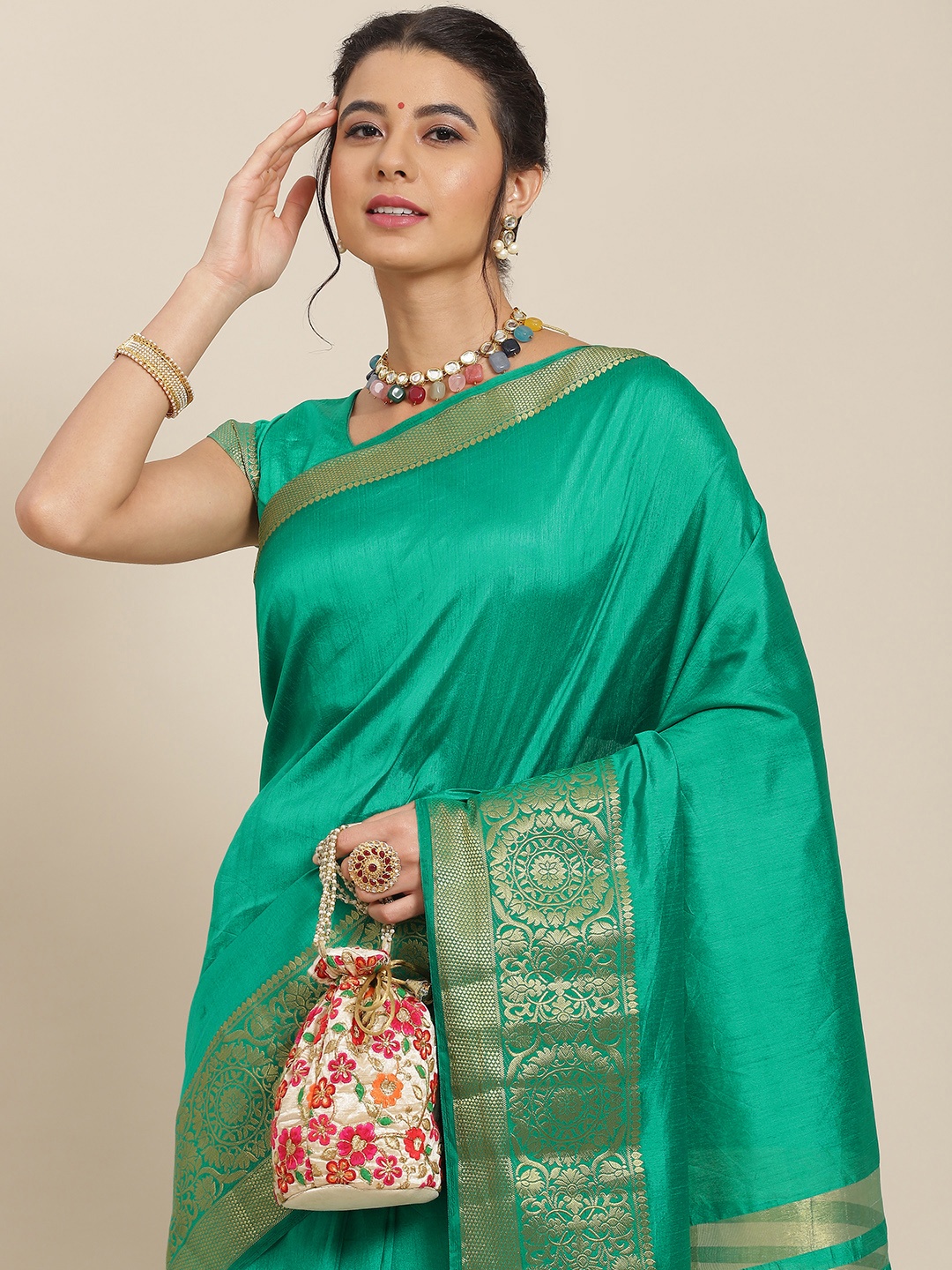 

SAARYA Green & Gold-Toned Zari Saree