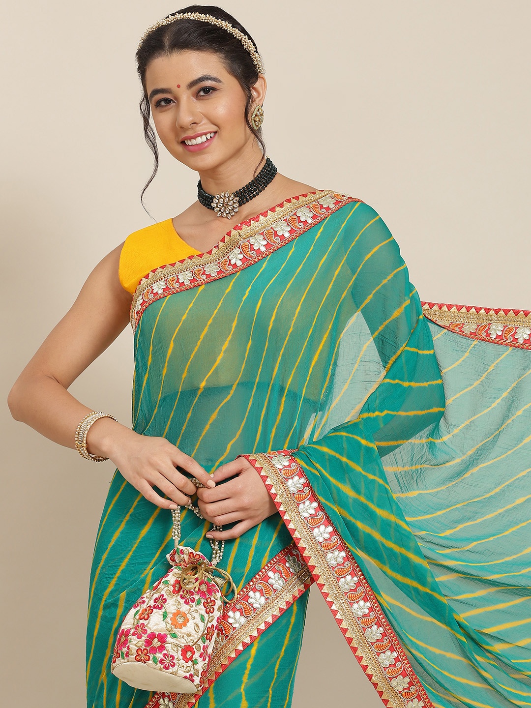 

SAARYA Green & Yellow Leheriya Gotta Patti Silk Blend Leheriya Saree