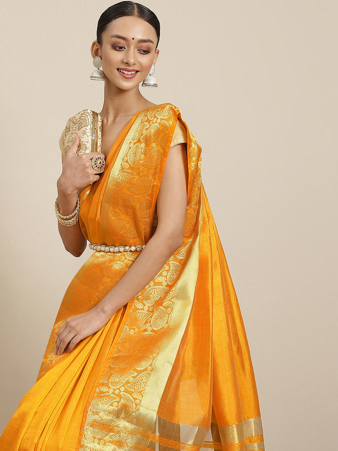 

SAARYA Mustard & Golden Silk Blend Saree With Zari Border