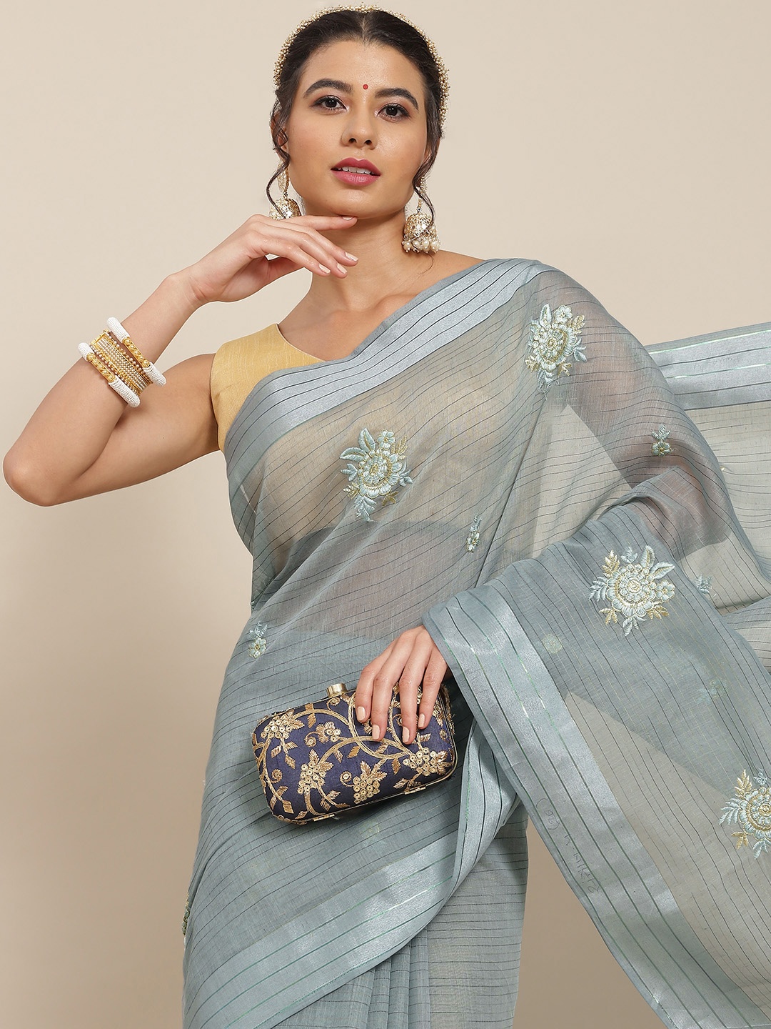 

SAARYA Grey Ethnic Motifs Embroidered Saree