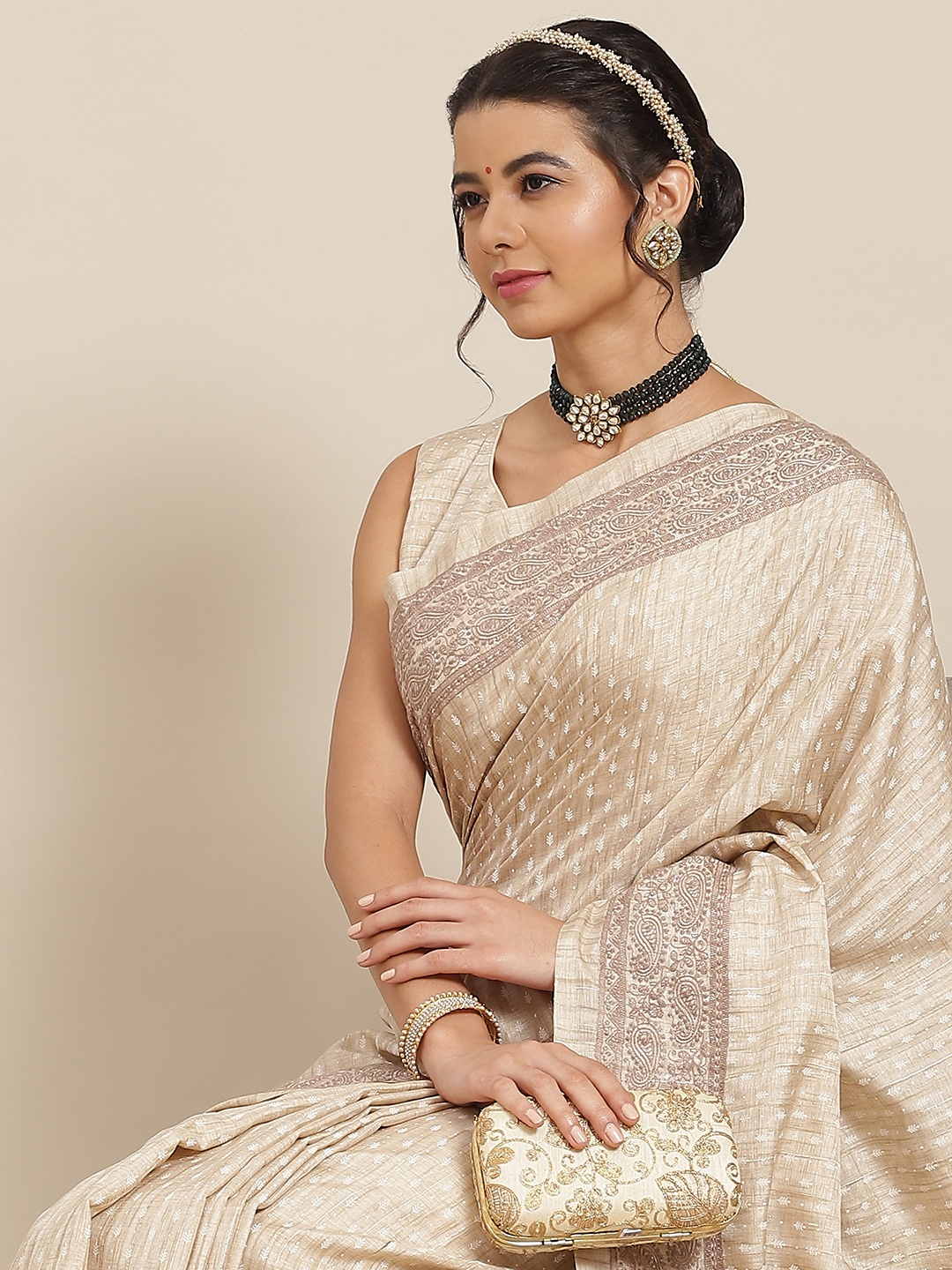 

SAARYA Cream-Coloured Embroidered Silk Cotton Saree