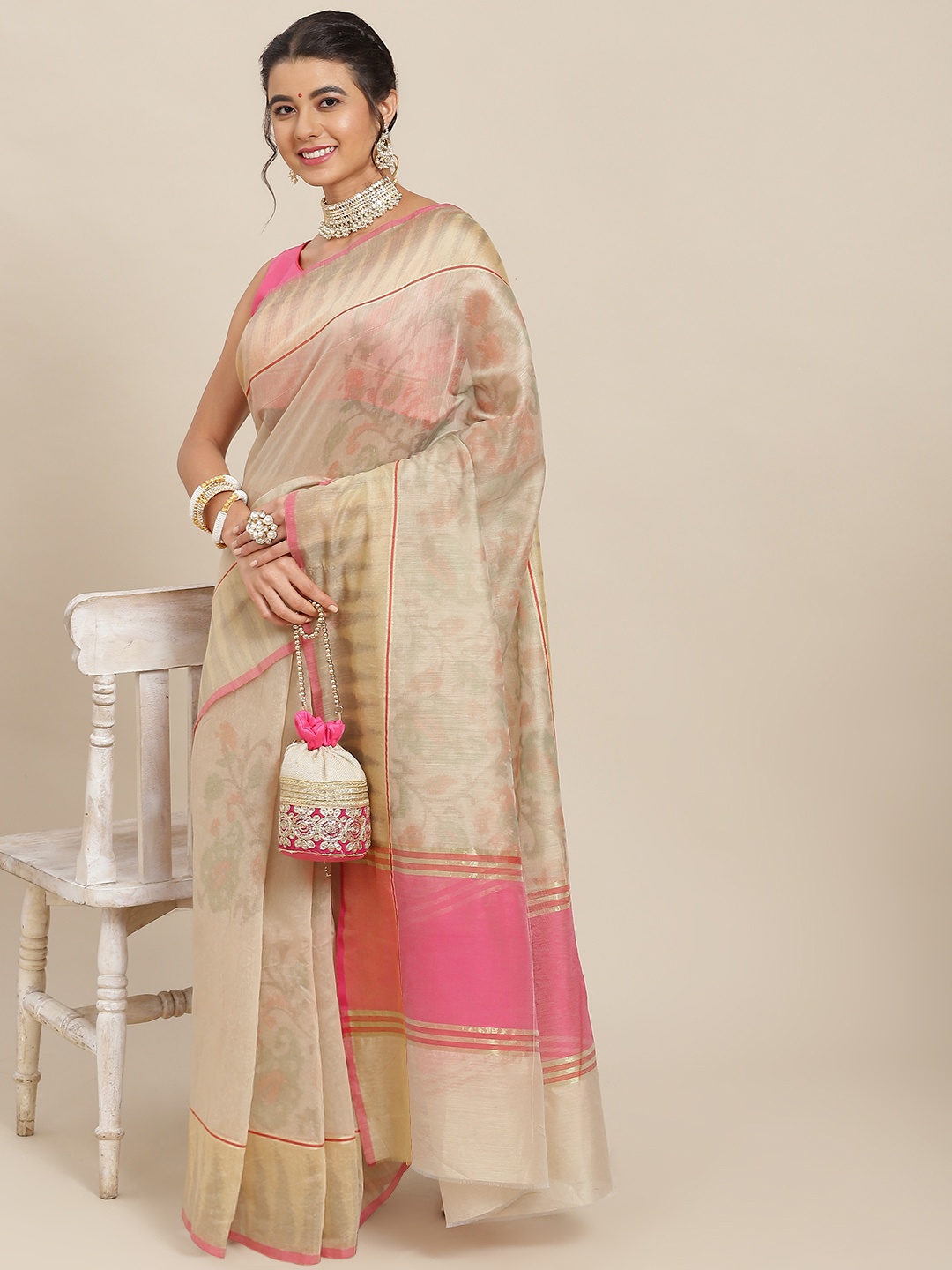 

SAARYA Cream-Coloured & Pink Ethnic Motifs Silk Blend Saree