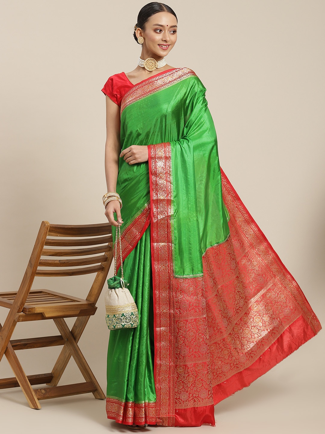 

SAARYA Green & Red Silk Blend Saree With Woven Design Border
