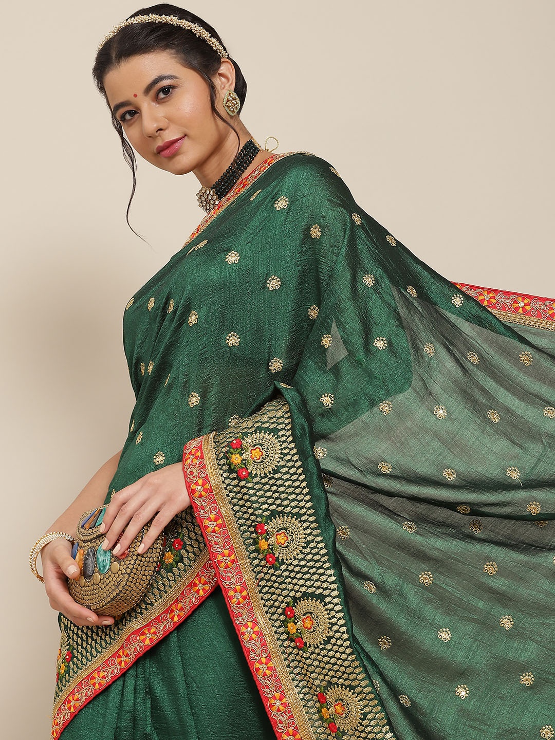 

SAARYA Green & Red Ethnic Motifs Embroidered Saree