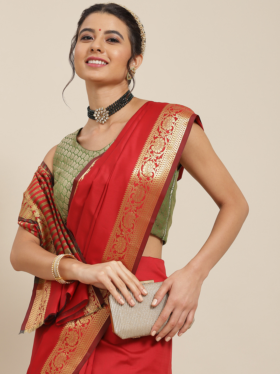 

SAARYA Red & Gold-Toned Zari Saree