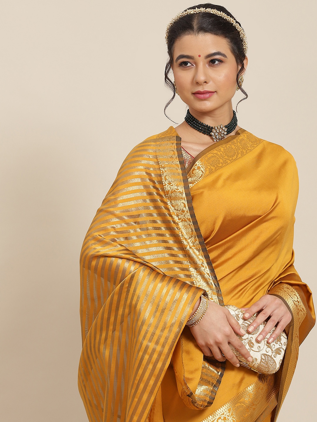 

SAARYA Mustard & Gold-Toned Zari Saree