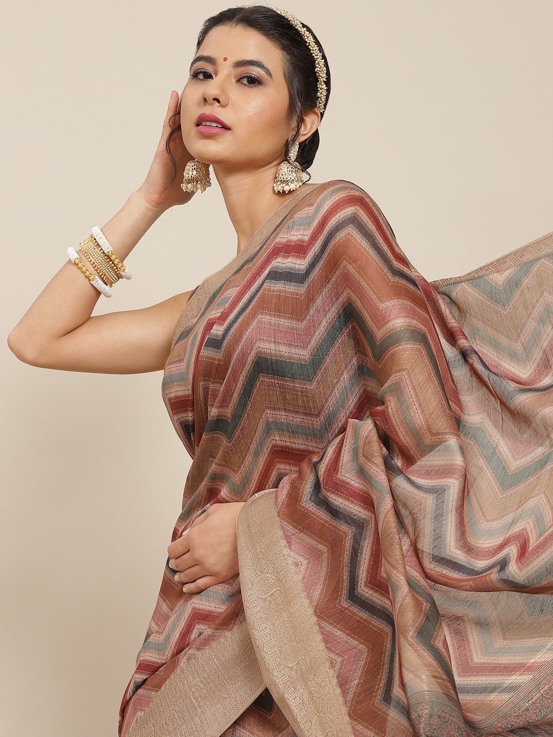 

SAARYA Brown & Green Organza Saree