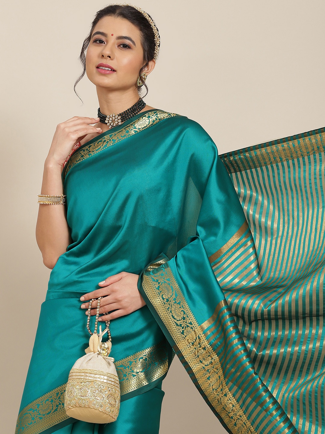 

SAARYA Teal & Gold-Toned Zari Saree