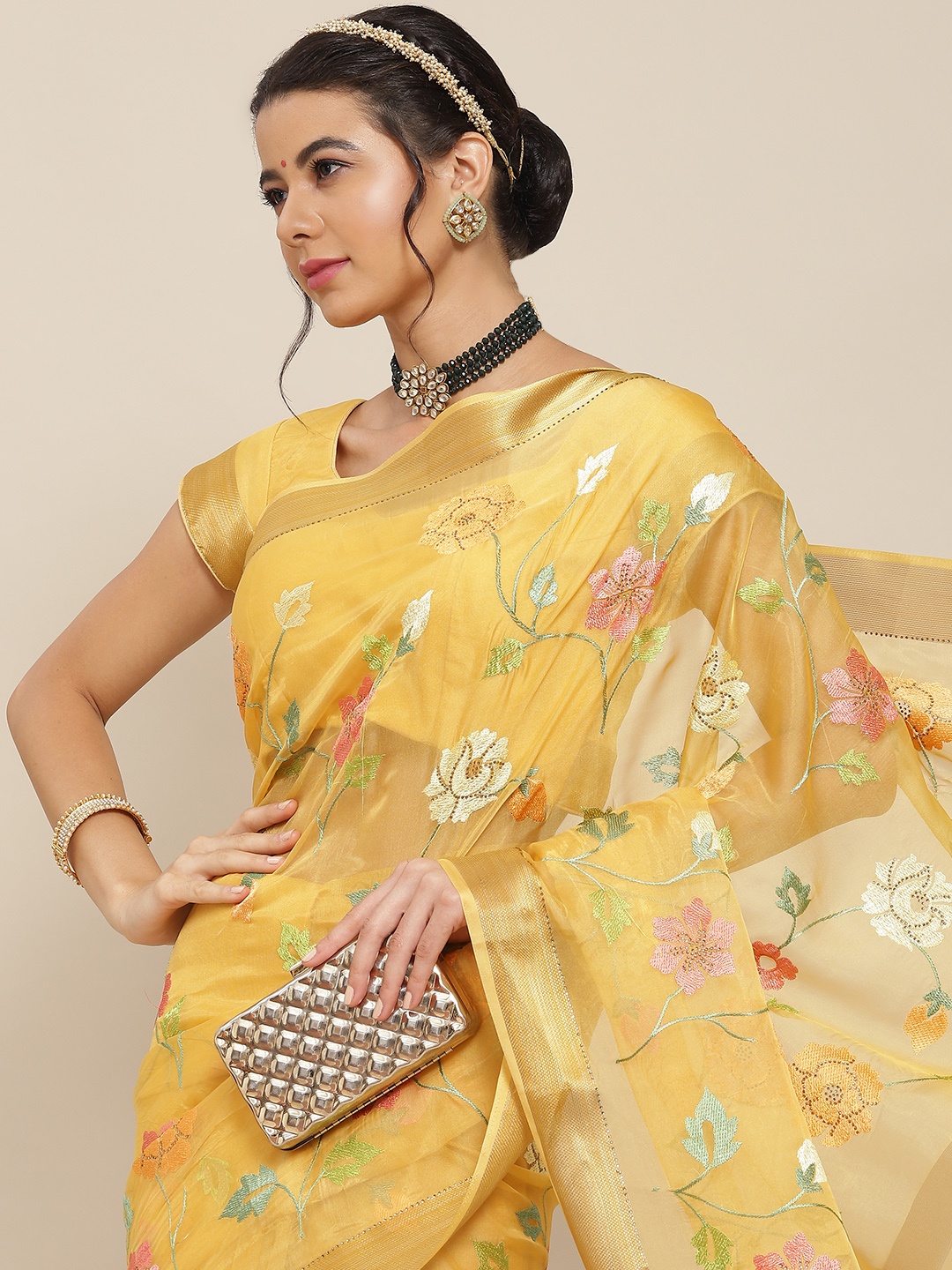 

SAARYA Yellow & Red Floral Embroidered Organza Saree