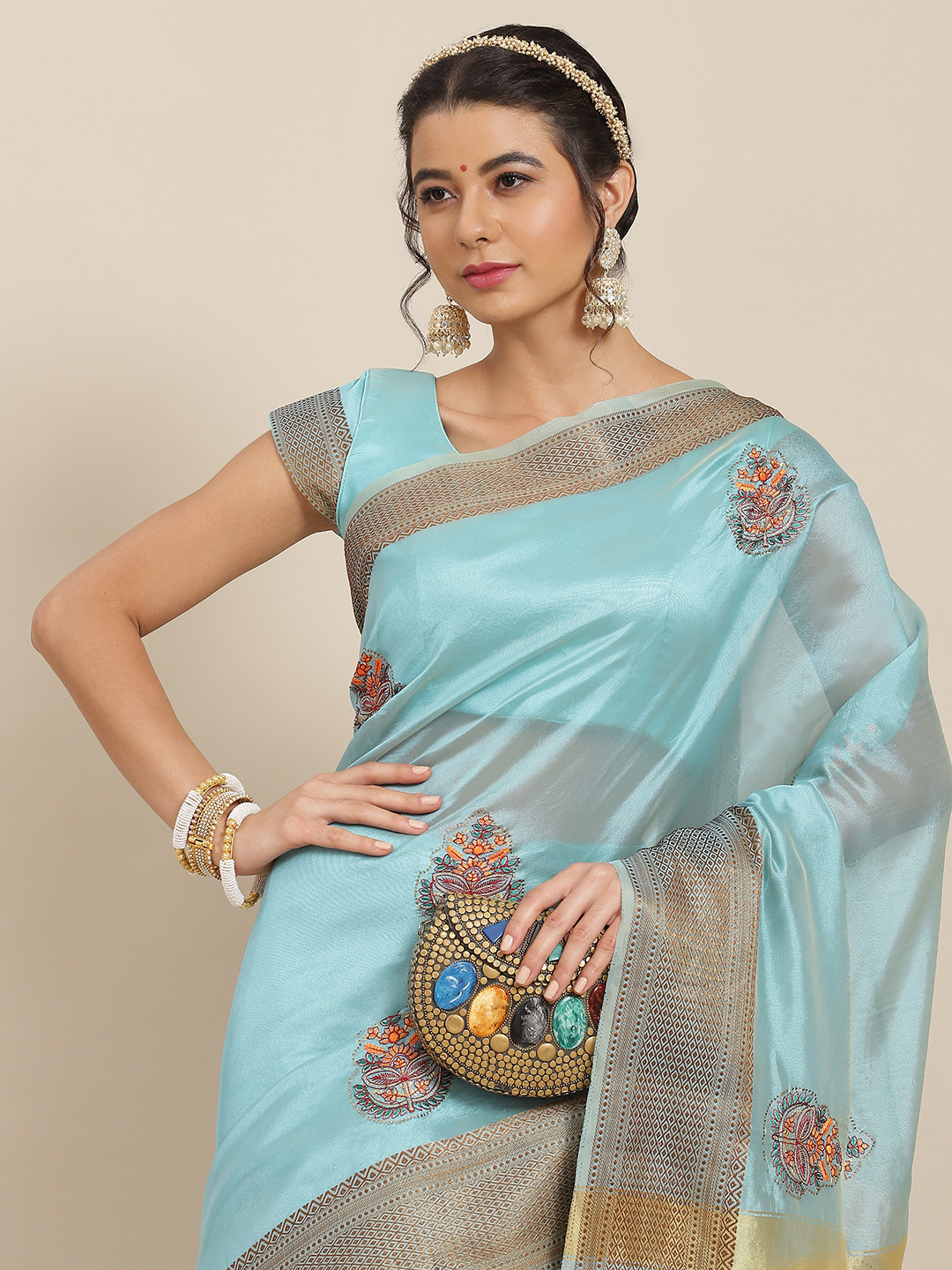 

SAARYA Turquoise Blue & Gold-Toned Ethnic Motifs Embroidered Organza Saree