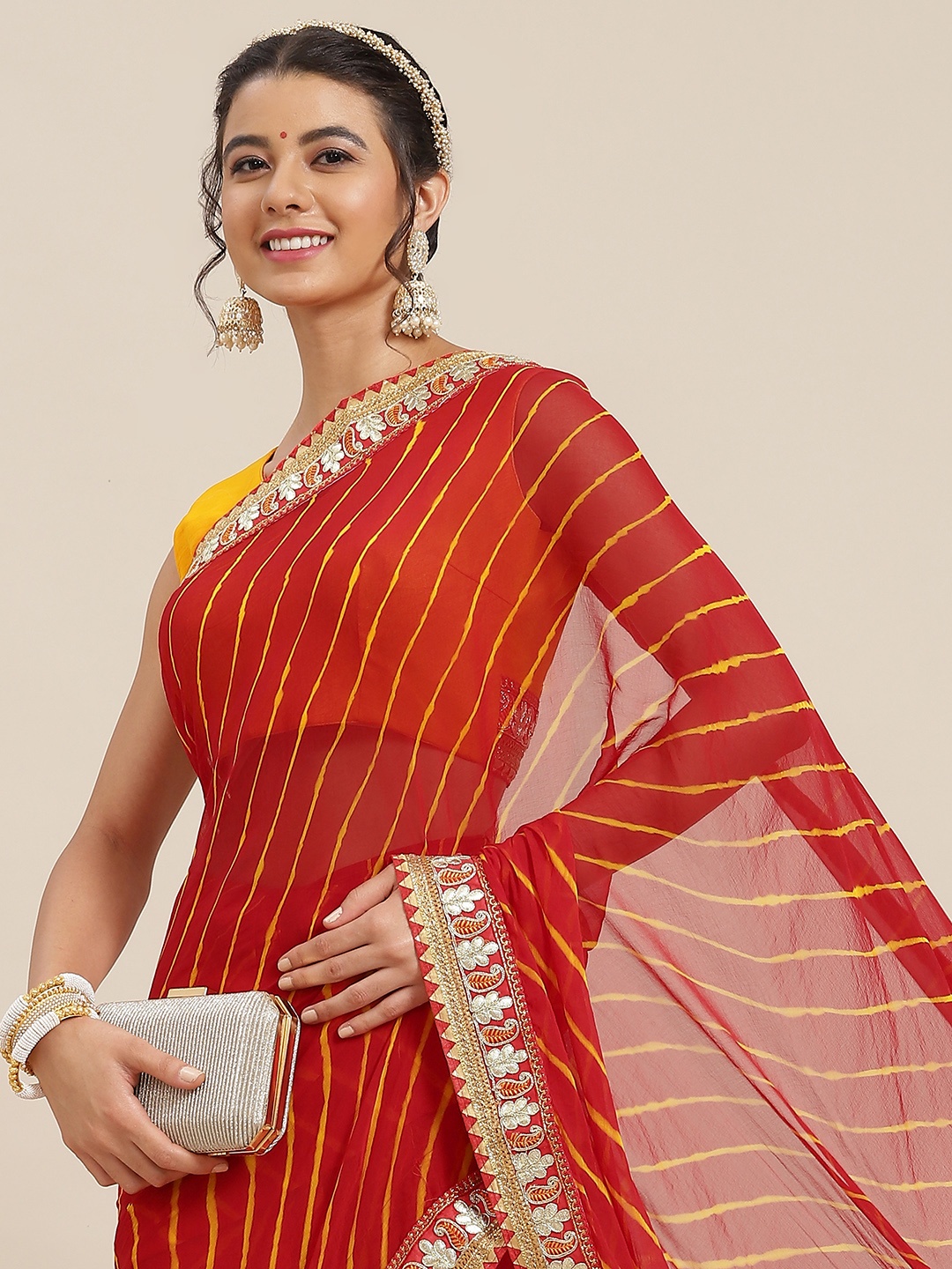 

SAARYA Red & Orange Leheriya Gotta Patti Silk Blend Leheriya Saree