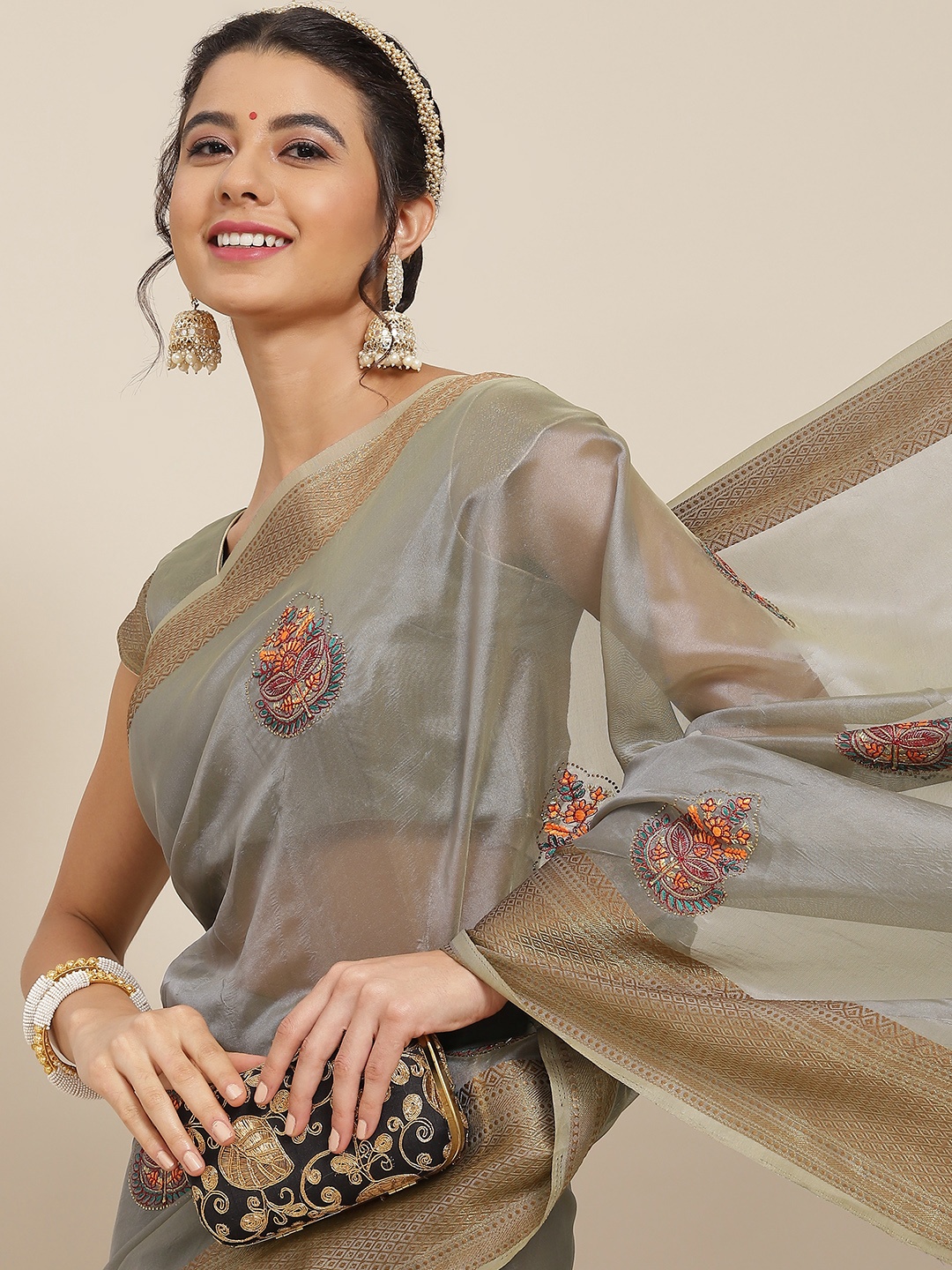 

SAARYA Grey & Gold-Toned Ethnic Motifs Embroidered Organza Saree