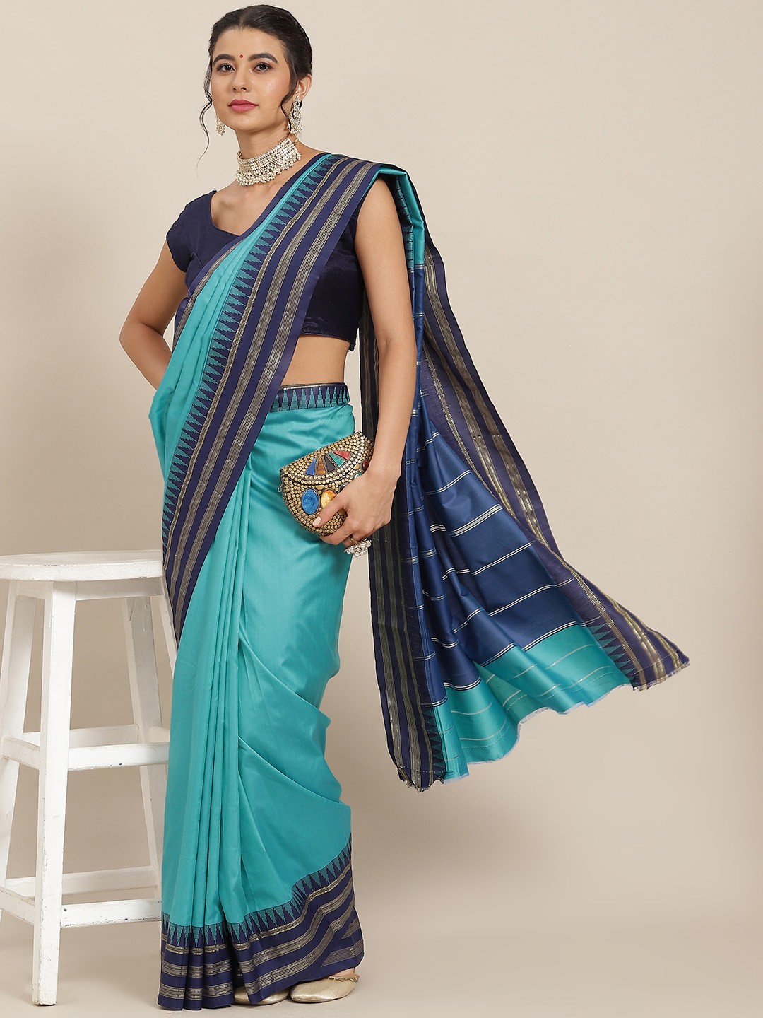 

SAARYA Turquoise Blue & Navy Blue Saree With Striped Border