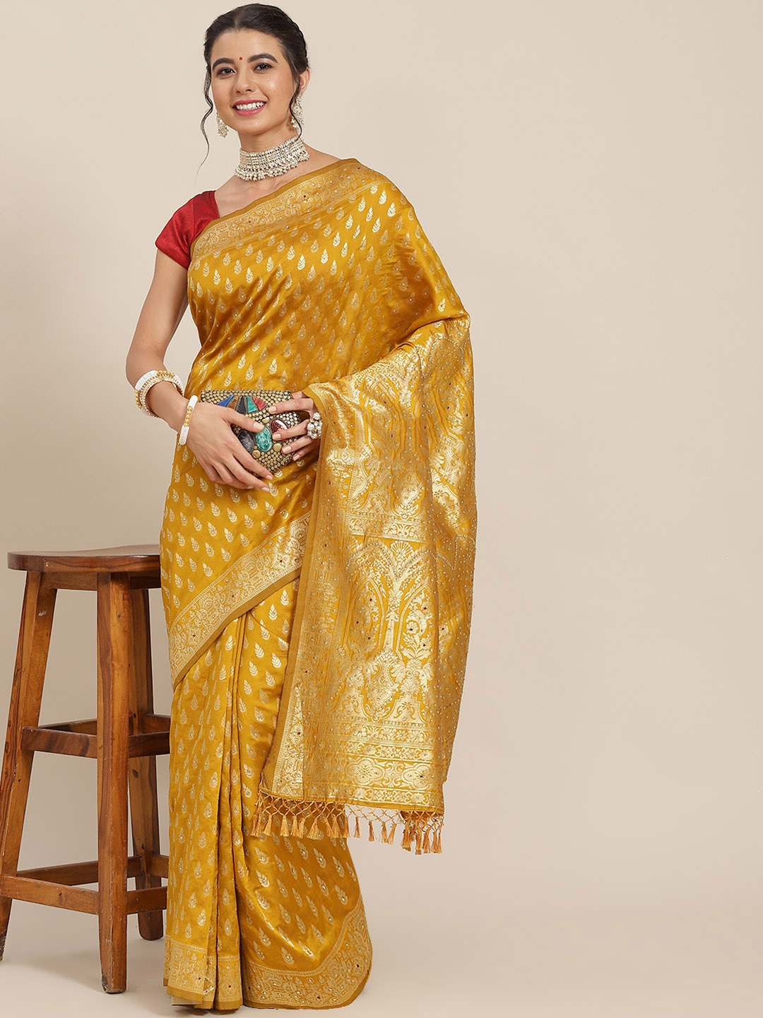 

SAARYA Mustard & Gold-Toned Ethnic Motifs Zari Saree