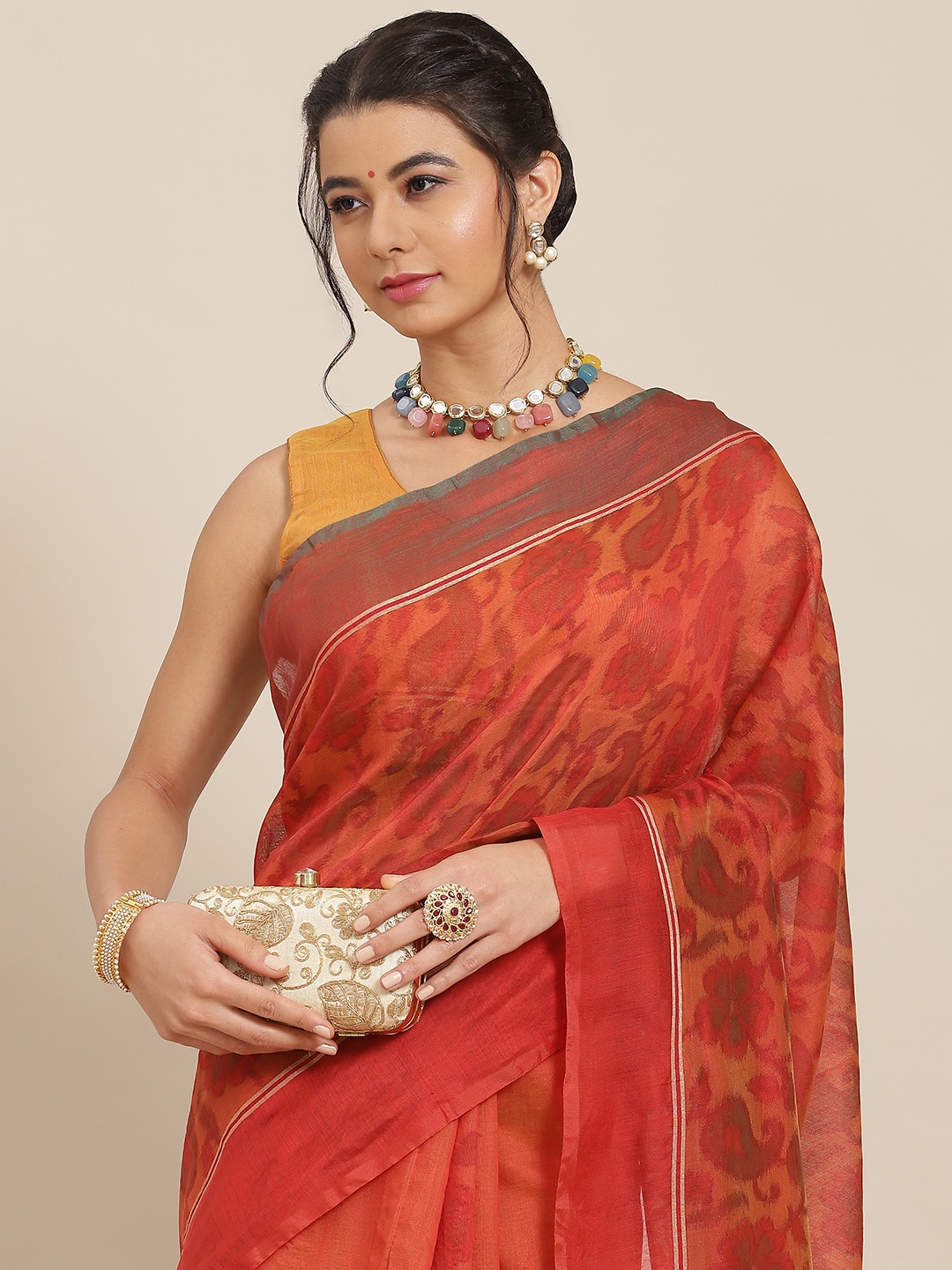 

SAARYA Orange & Yellow Paisley Silk Blend Saree