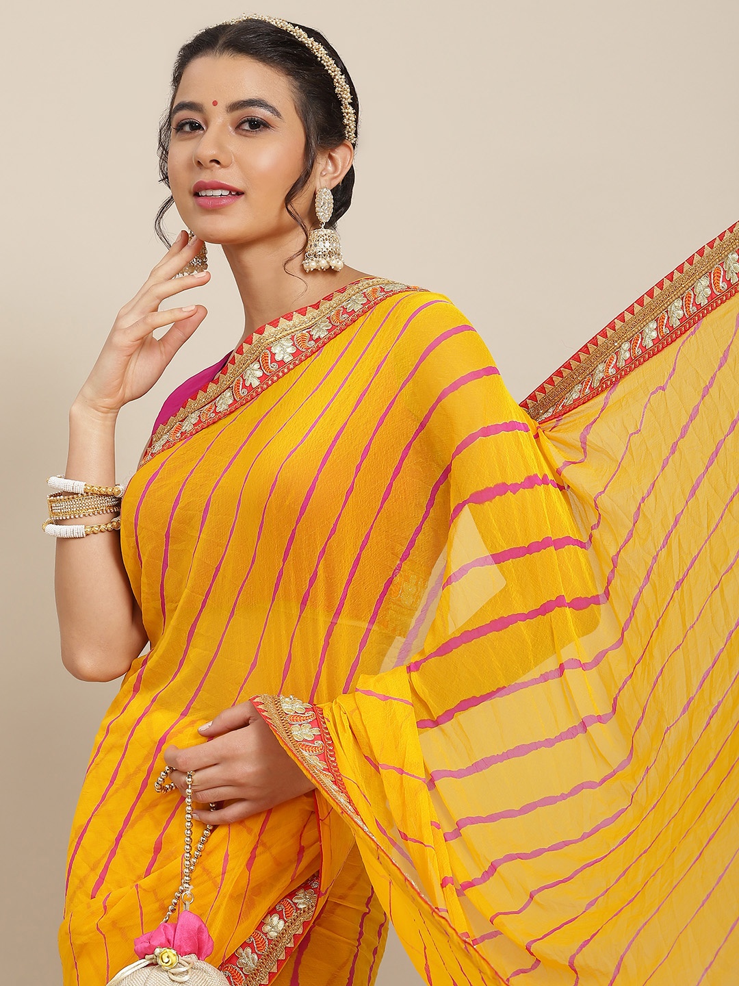 

SAARYA Yellow & Purple Leheriya Gotta Patti Silk Blend Leheriya Saree