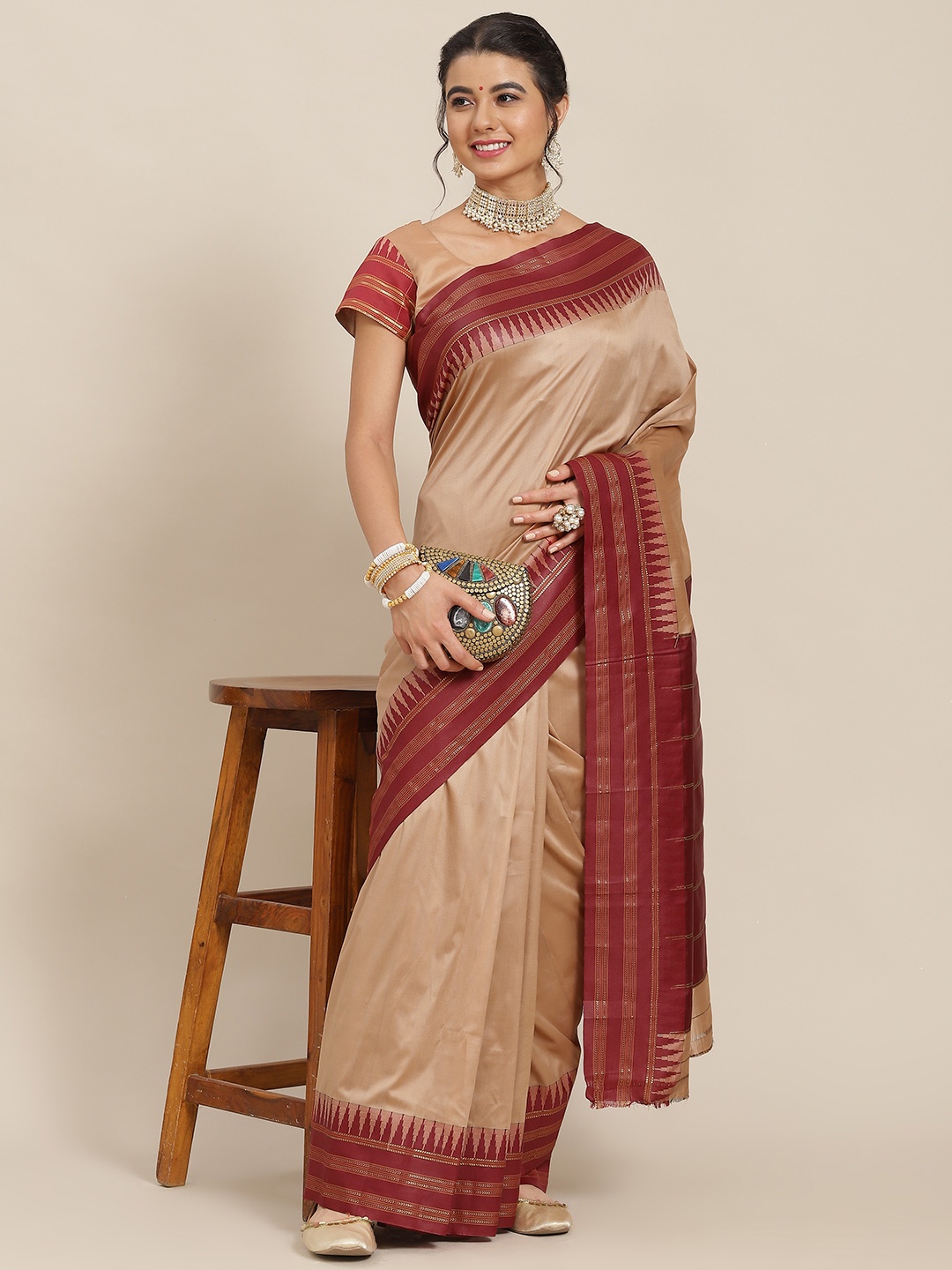 

SAARYA Peach-Coloured & Maroon Zari Saree