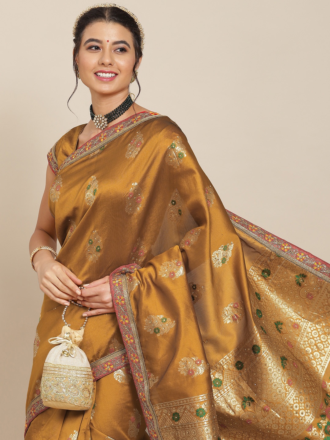 

SAARYA Mustard & Red Ethnic Motifs Embroidered Pure Silk Saree