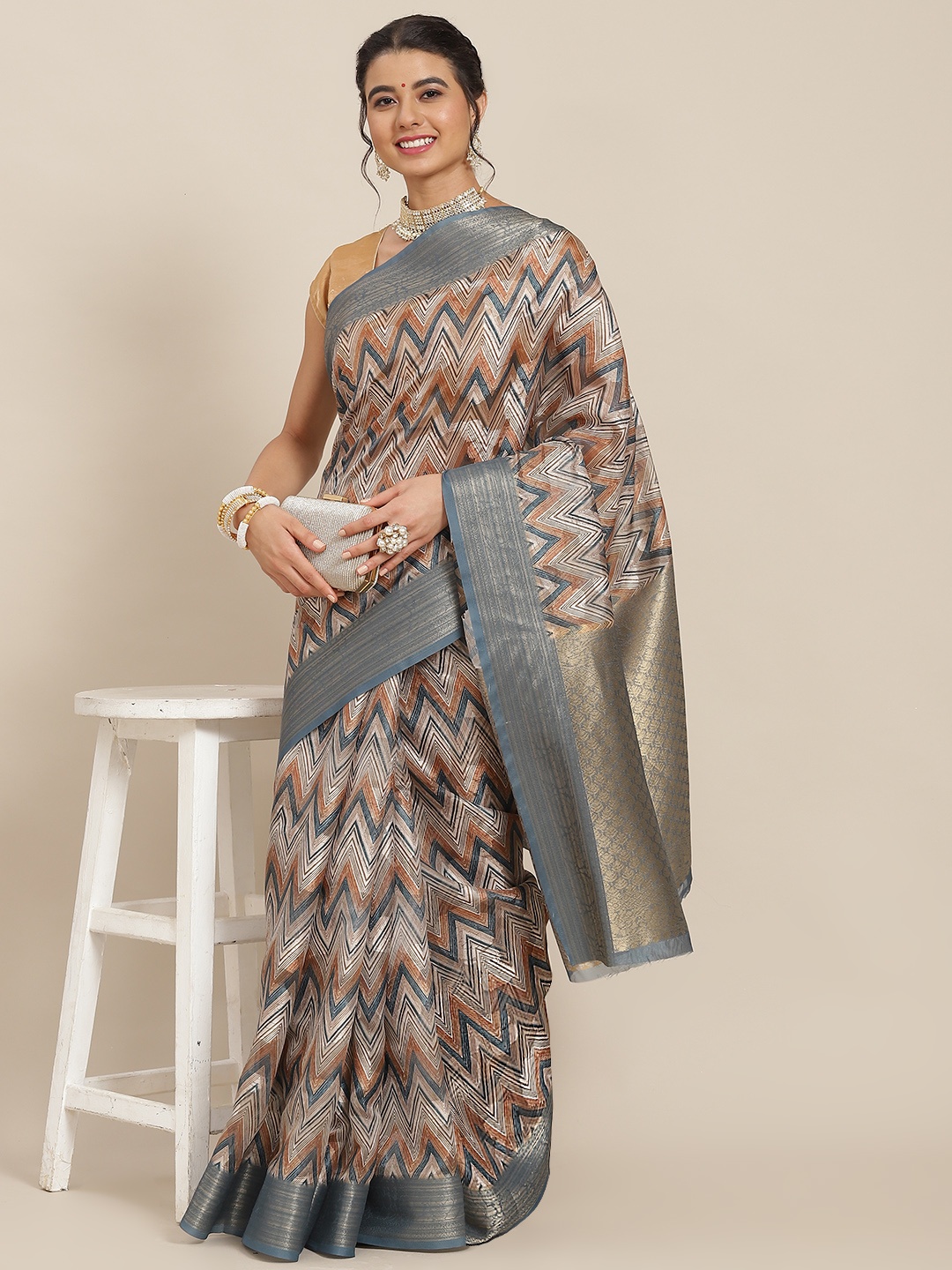 

SAARYA Blue & Brown Organza Saree
