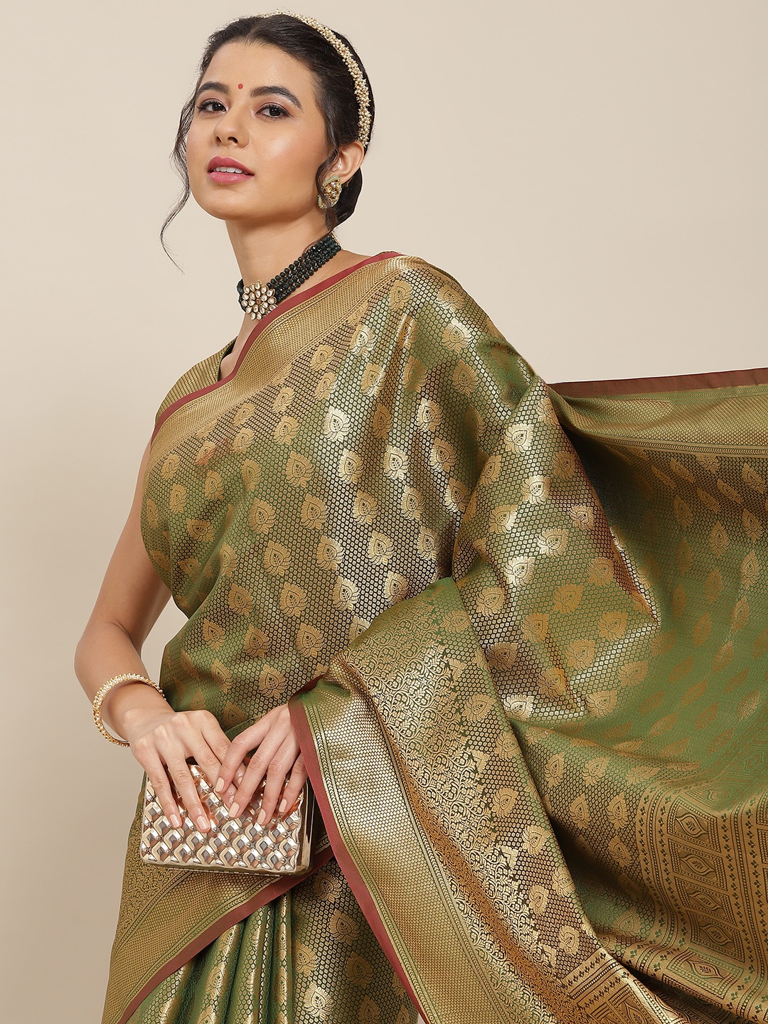

SAARYA Green & Gold-Toned Ethnic Motifs Zari Saree