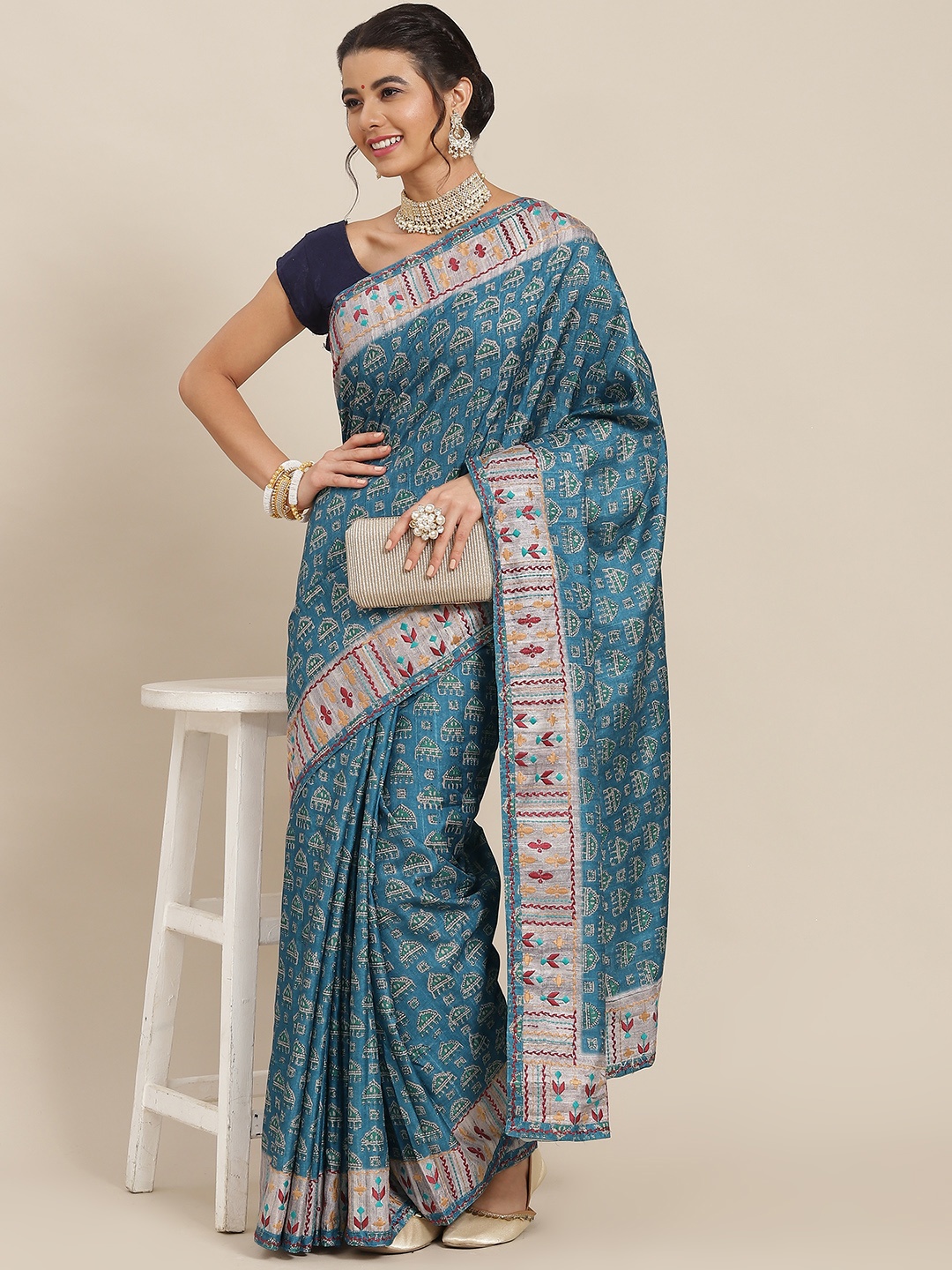 

SAARYA Blue Ethnic Motifs Embroidered Saree