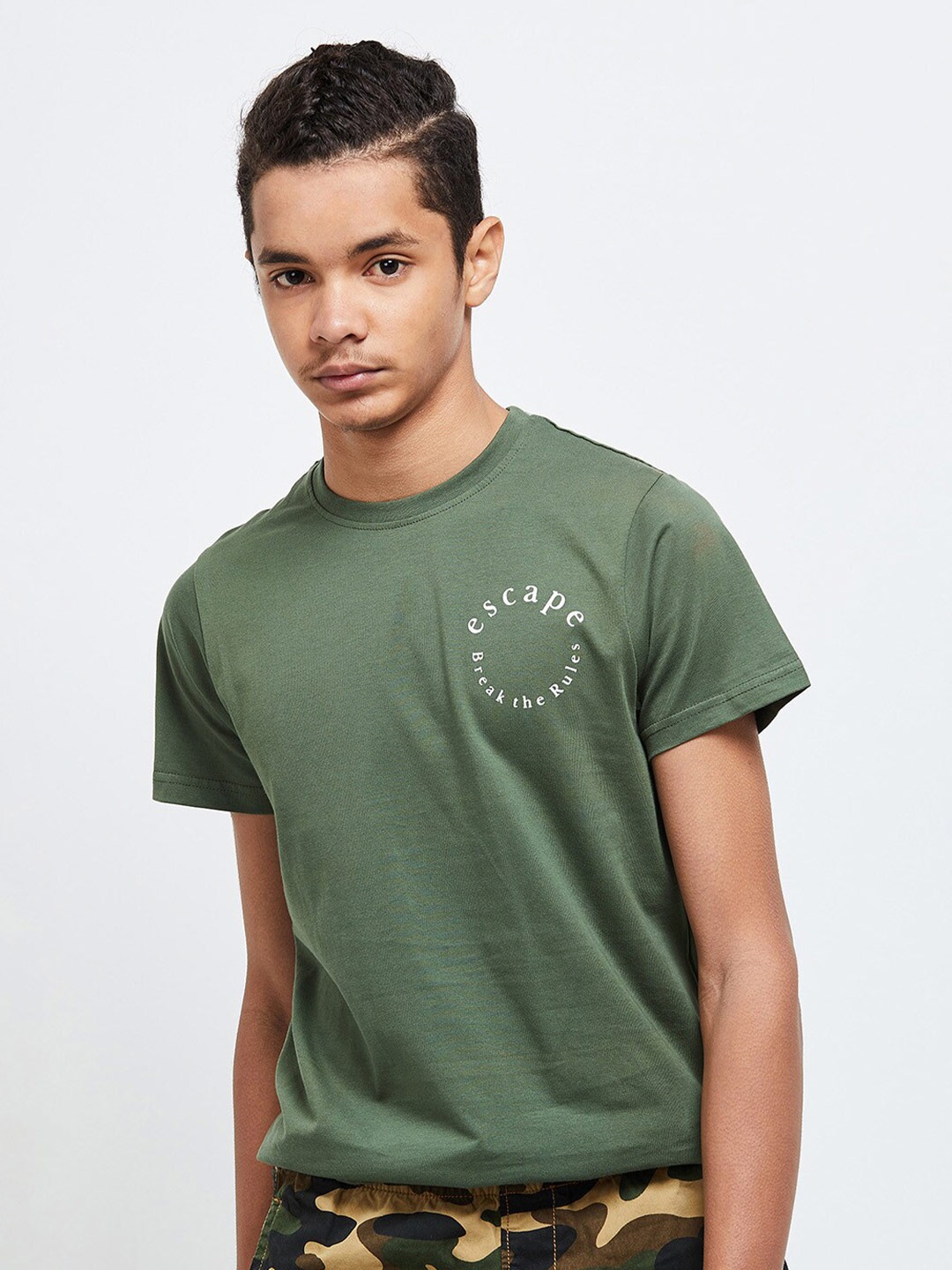

max Boys Olive Green Typography Printed T-shirt