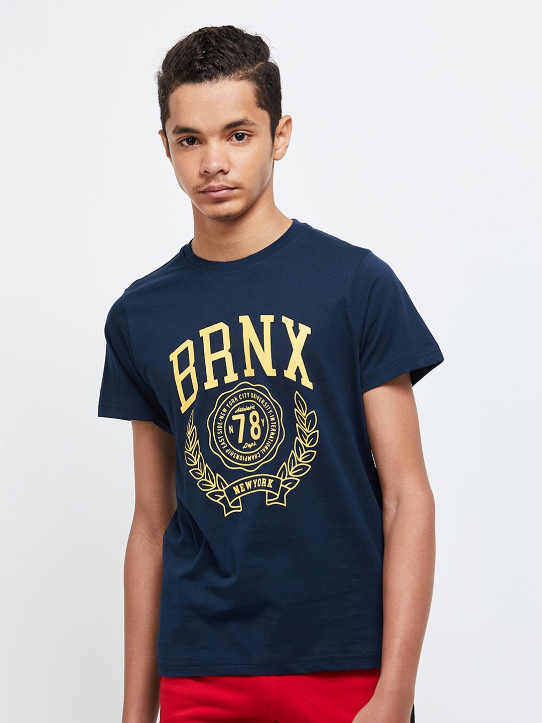 

max Boys Navy Blue Typography Printed T-shirt