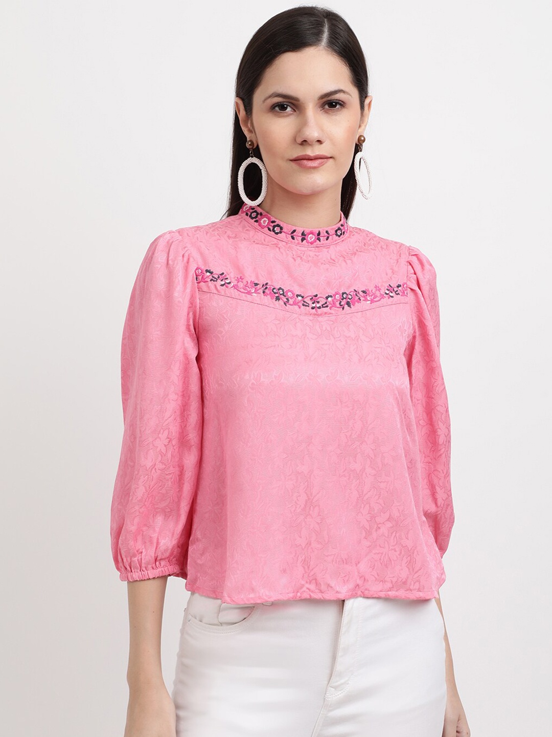 

ELLE Women Pink Floral Embroidered Detail Cotton Top