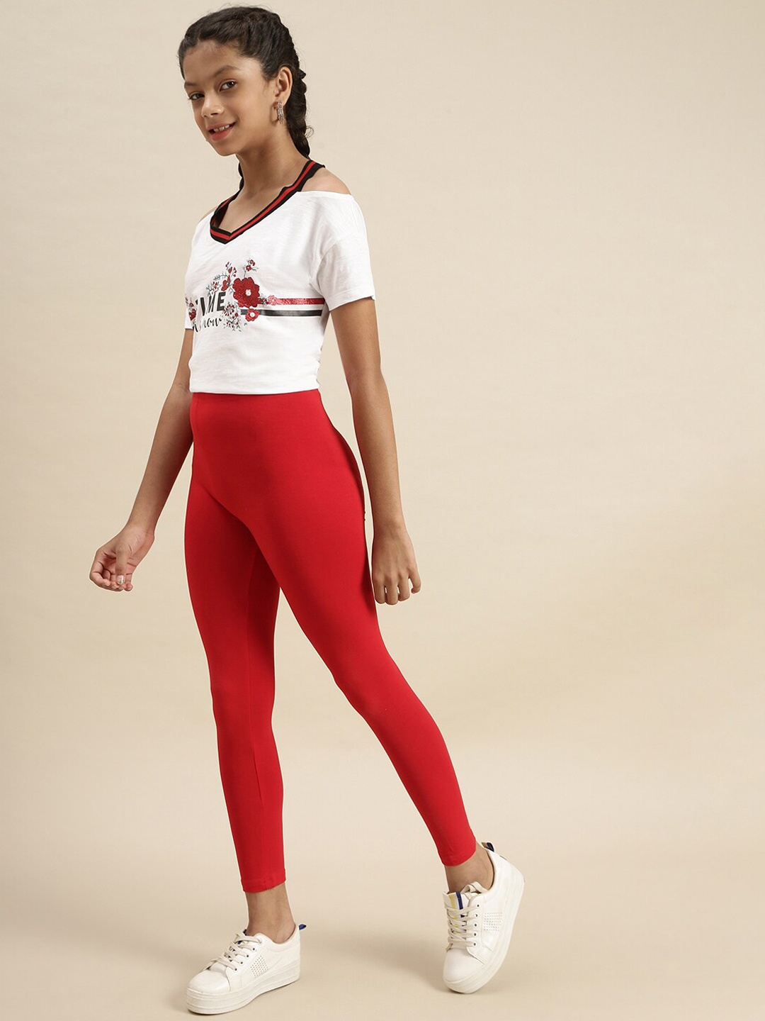 

De Moza Kids Girls Red Solid Ankle- Length Leggings