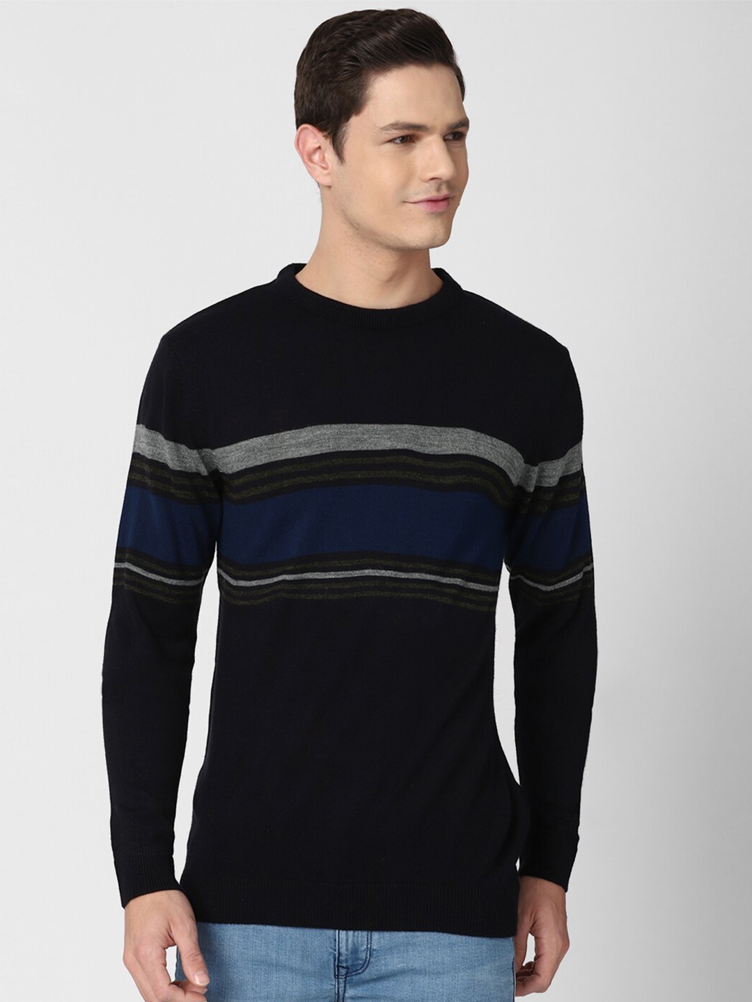 

Peter England Casuals Men Black & Grey Striped Pullover Sweater