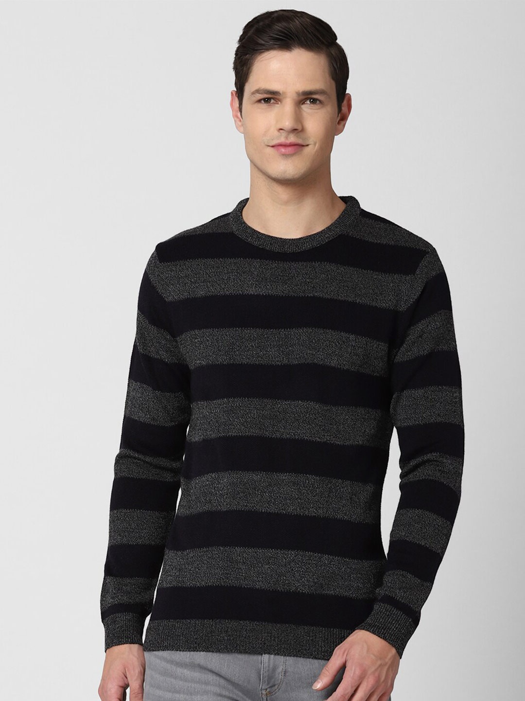 

Peter England Casuals Men Grey & Black Striped Pullover