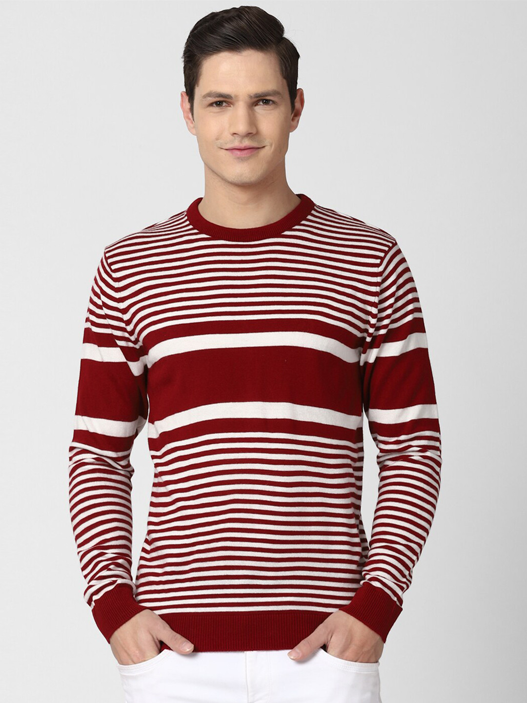 

Peter England Casuals Men Maroon & Off White Colourblocked Striped Pullover