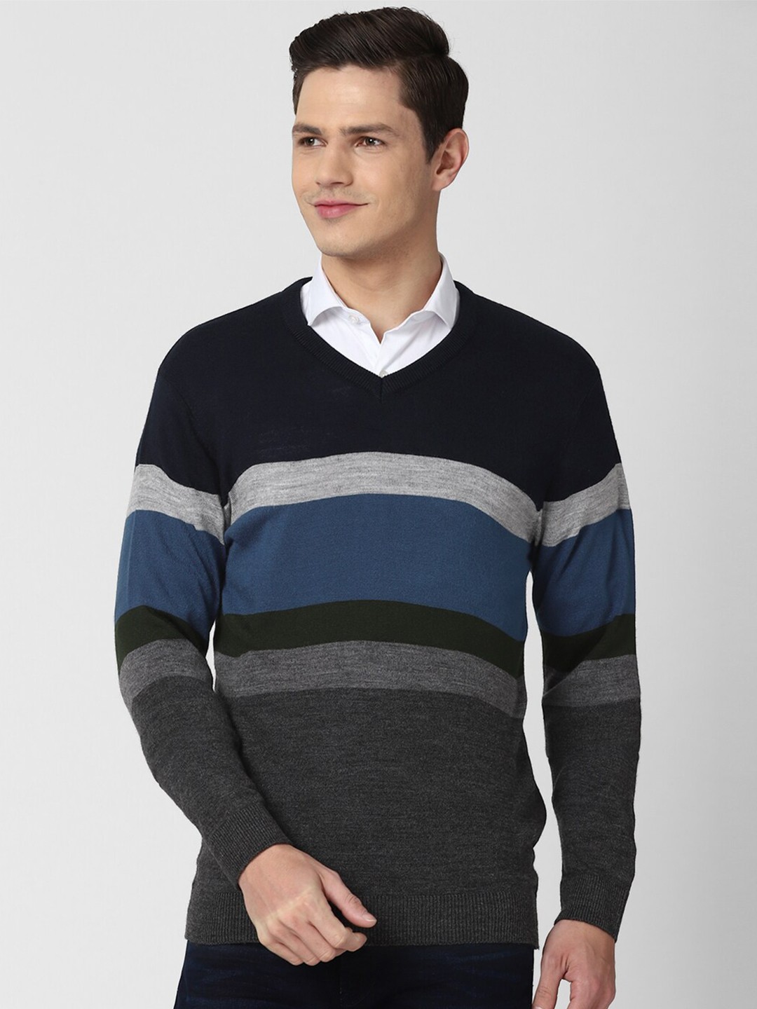 

Peter England Casuals Men Blue & Grey Striped Pullover