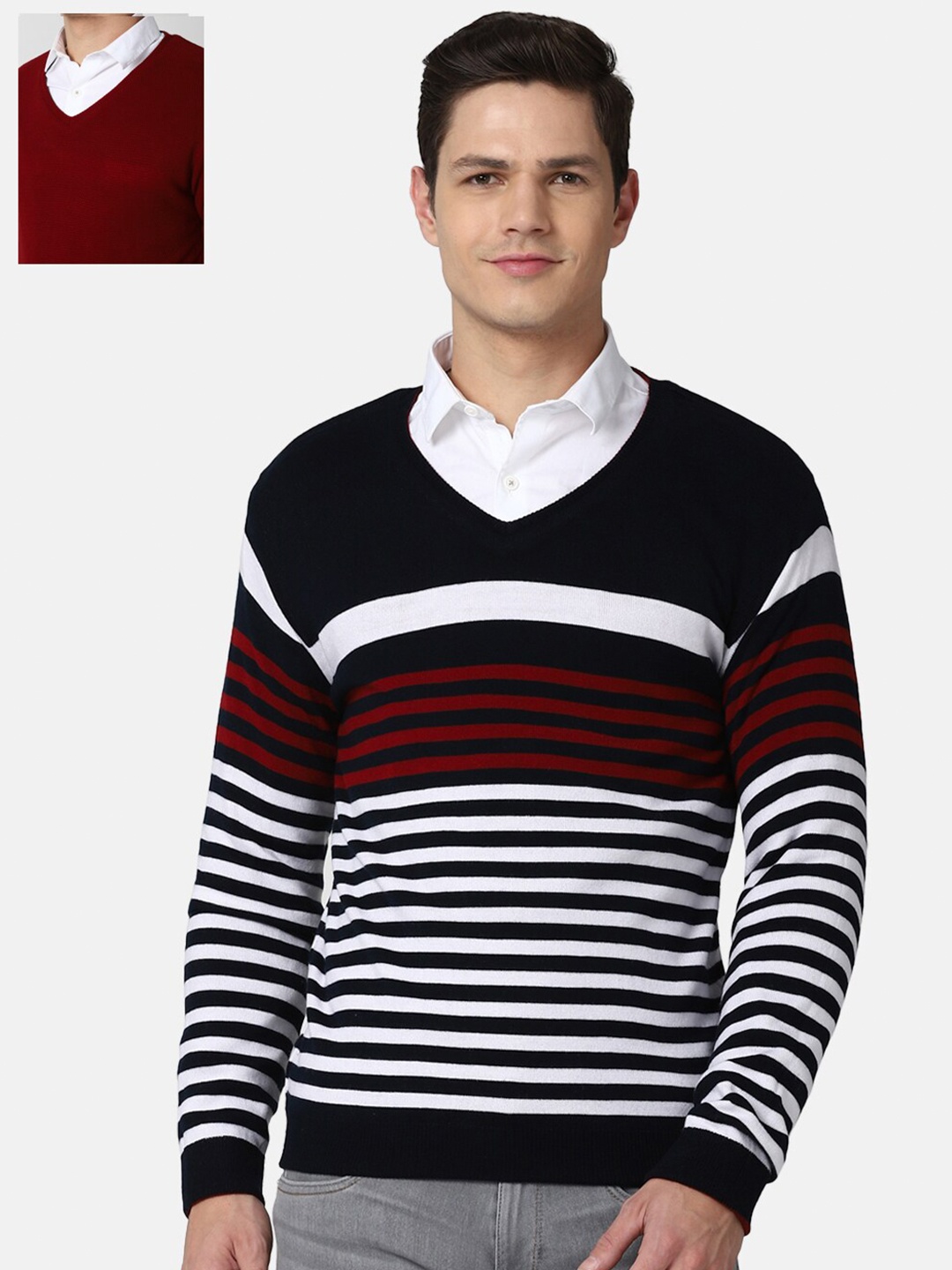 

Peter England Casuals Men Maroon & White Striped Pullover