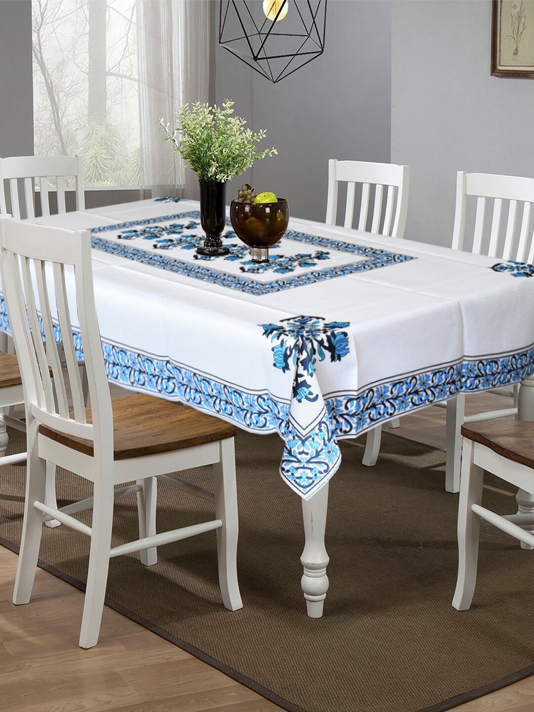 

Kuber Industries Blue & White Printed 6 Seater Cotton Table Cover