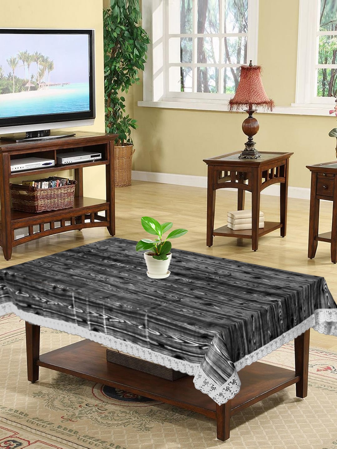 

Kuber Industries Black & White Printed Rectangular 4-Seater Centre Table Cover