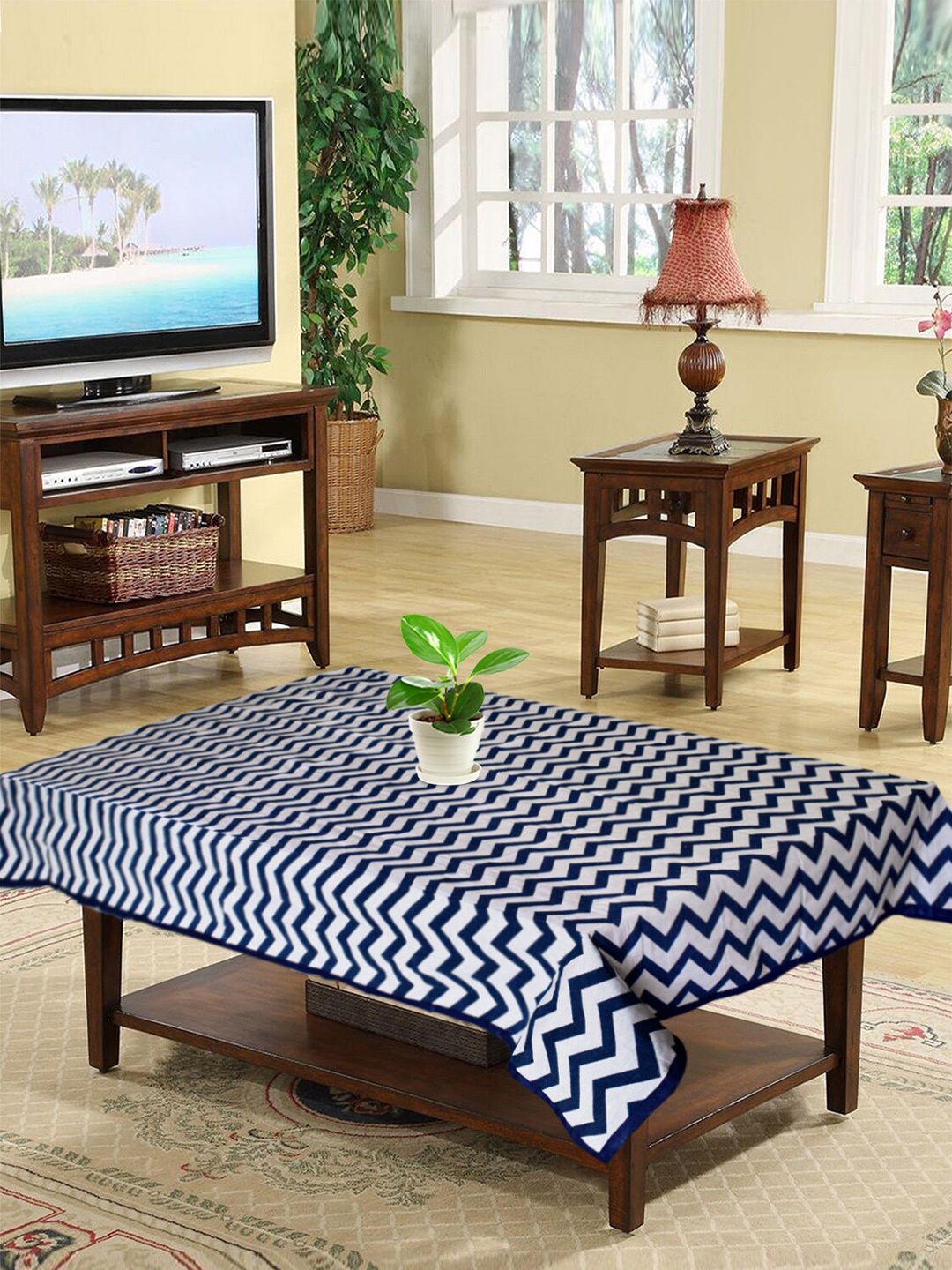 

Kuber Industries Blue & White Printed 4 Seater Cotton Table Cover