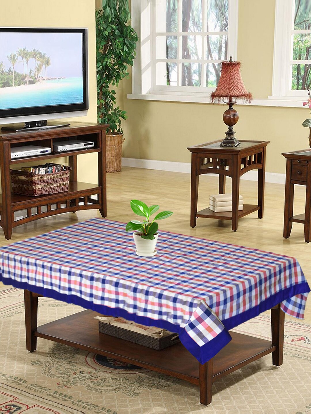 

Kuber Industries Blue & Red Checked Cotton 4-Seater Center Table Covers