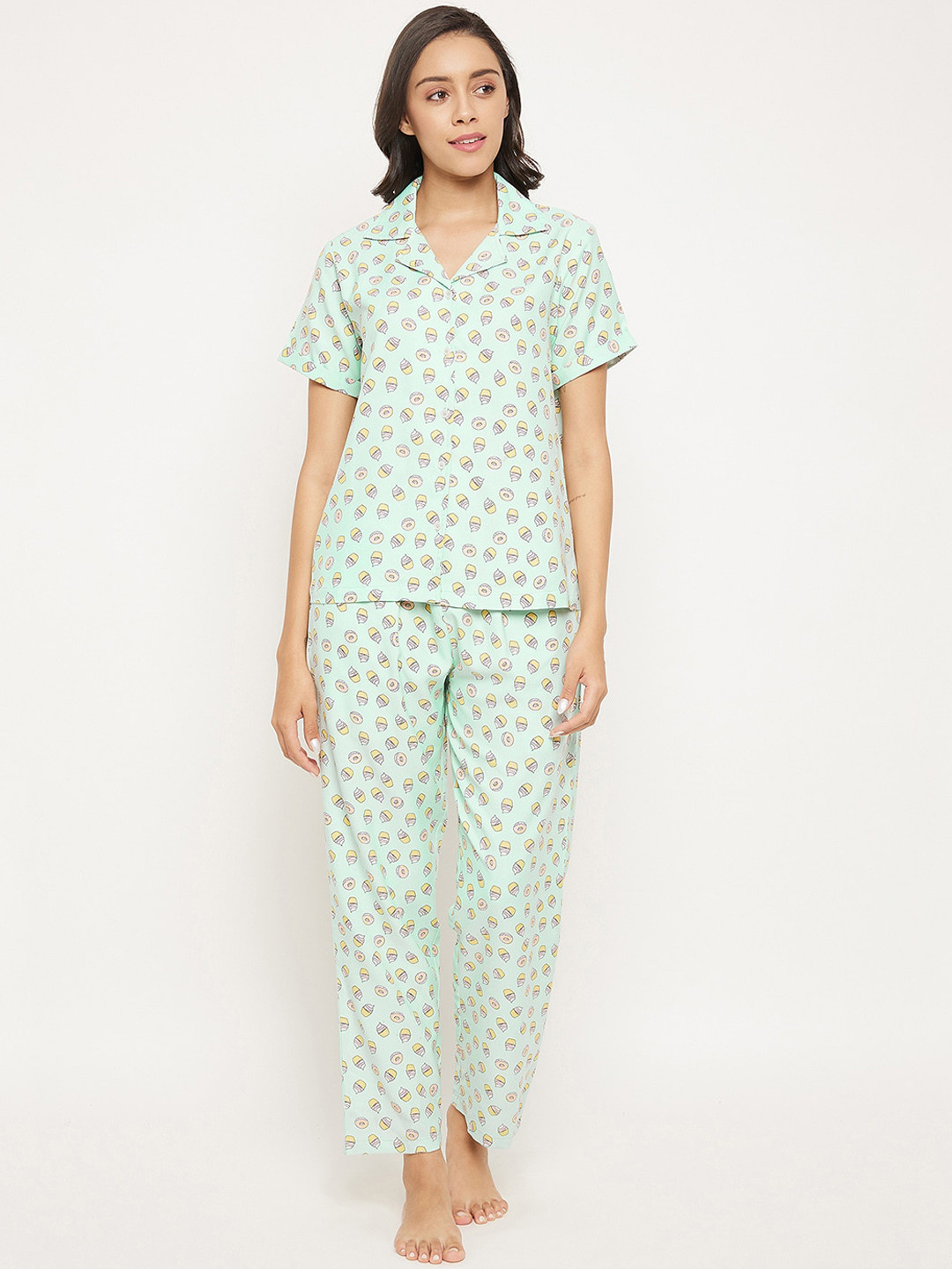 

Clovia Women Print Me Pretty Button Down Shirt & Pyjama Set, Green