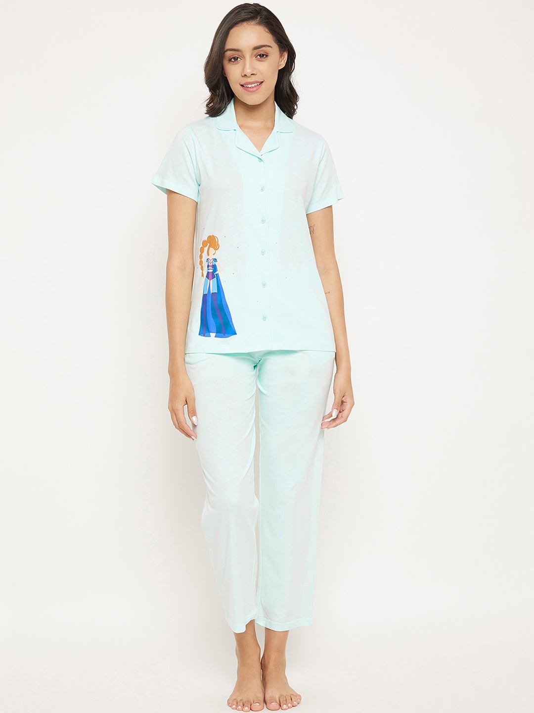 

Clovia Women Scorpio Print Pure Cotton Button Down Shirt & Pyjama Set, Blue
